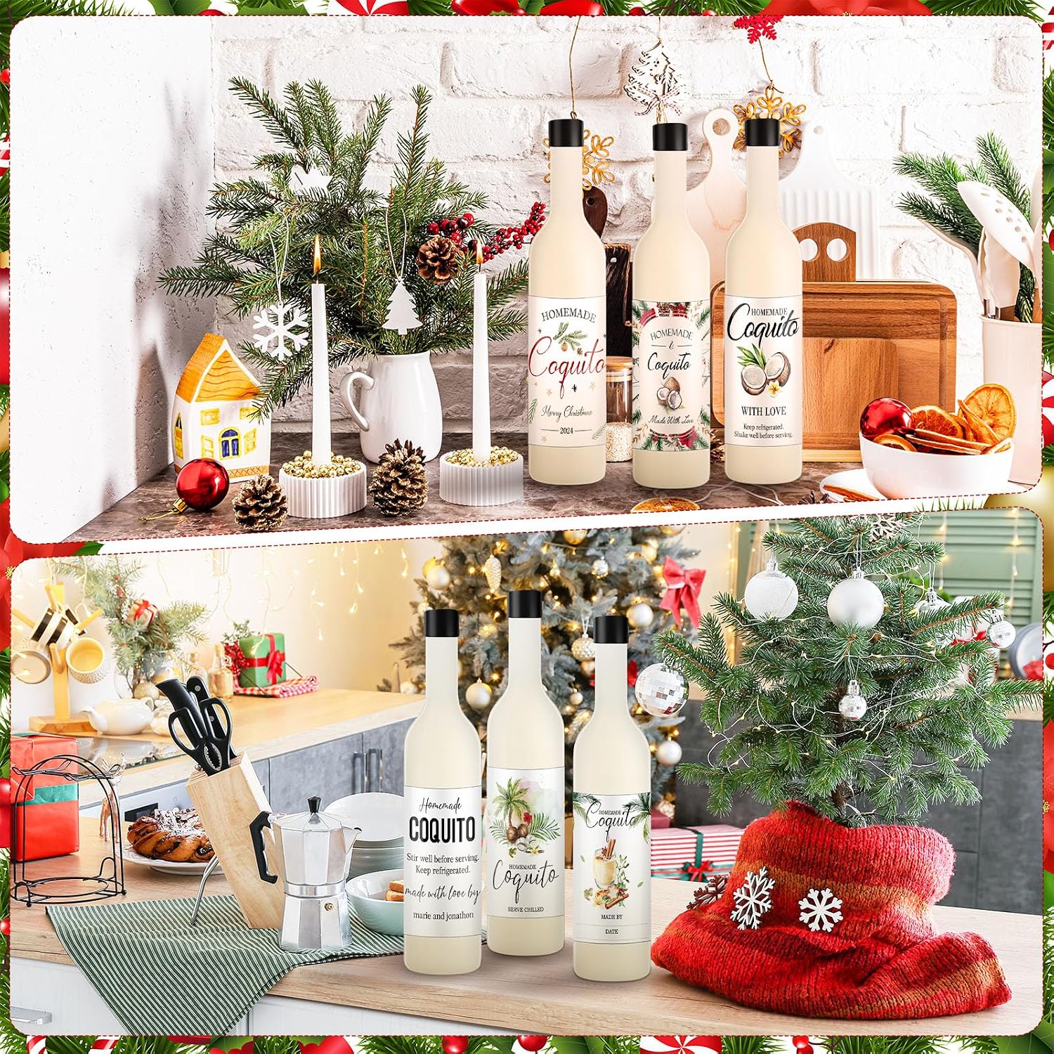Jingmore 6 Set Coquito Bottles 25 oz Glass wine Bottles Brewing Bottles with Blank Printable Stickers Wine Bottles with Airtight Caps for Home Party Milk Eggnog Kefir