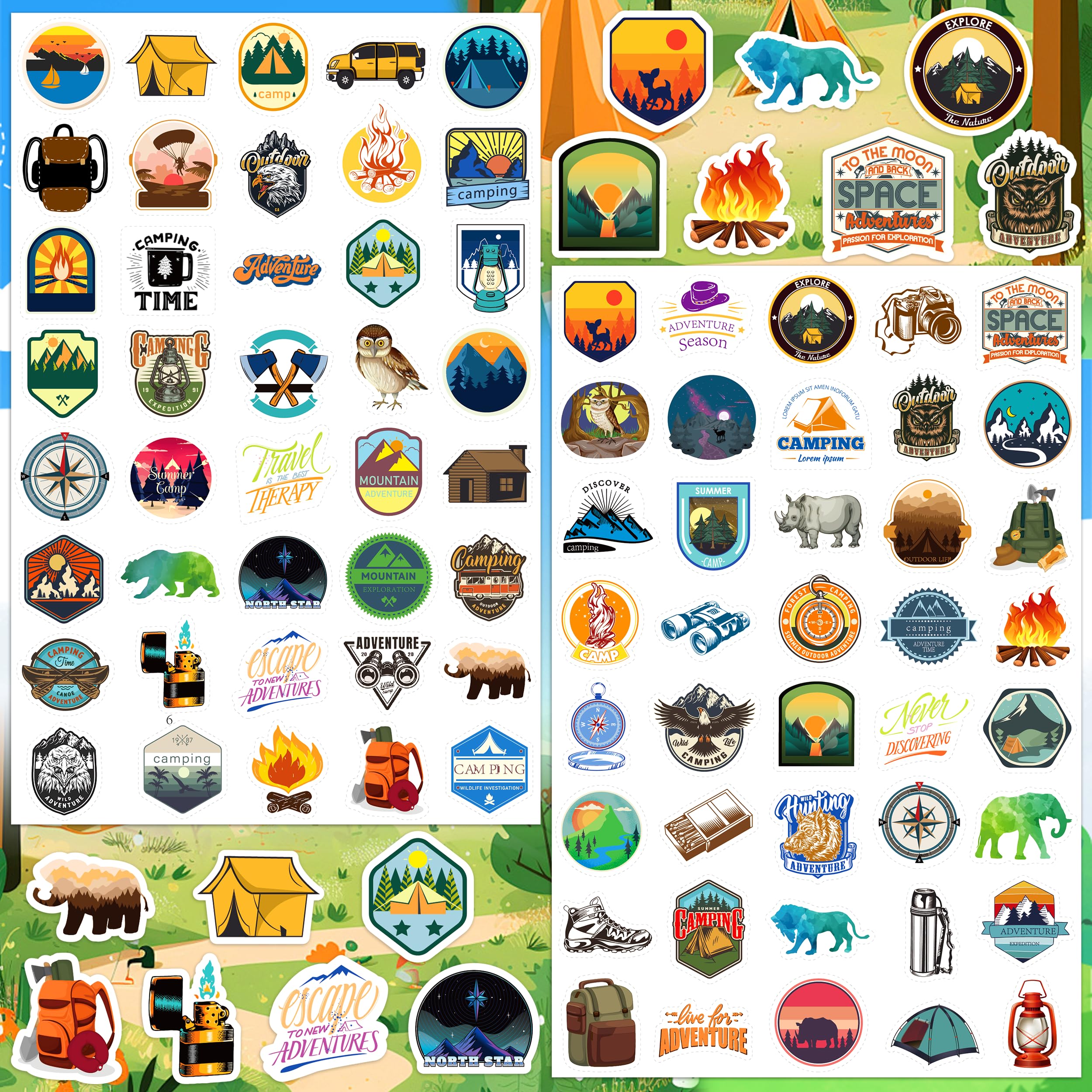 LINAYE 24 Sheets Travel Camping Stickers for Adults Kids, 960 PCS Nature Camp Stickers Waterproof Self Adhesive for Travel Bags Water Bottles, Camping