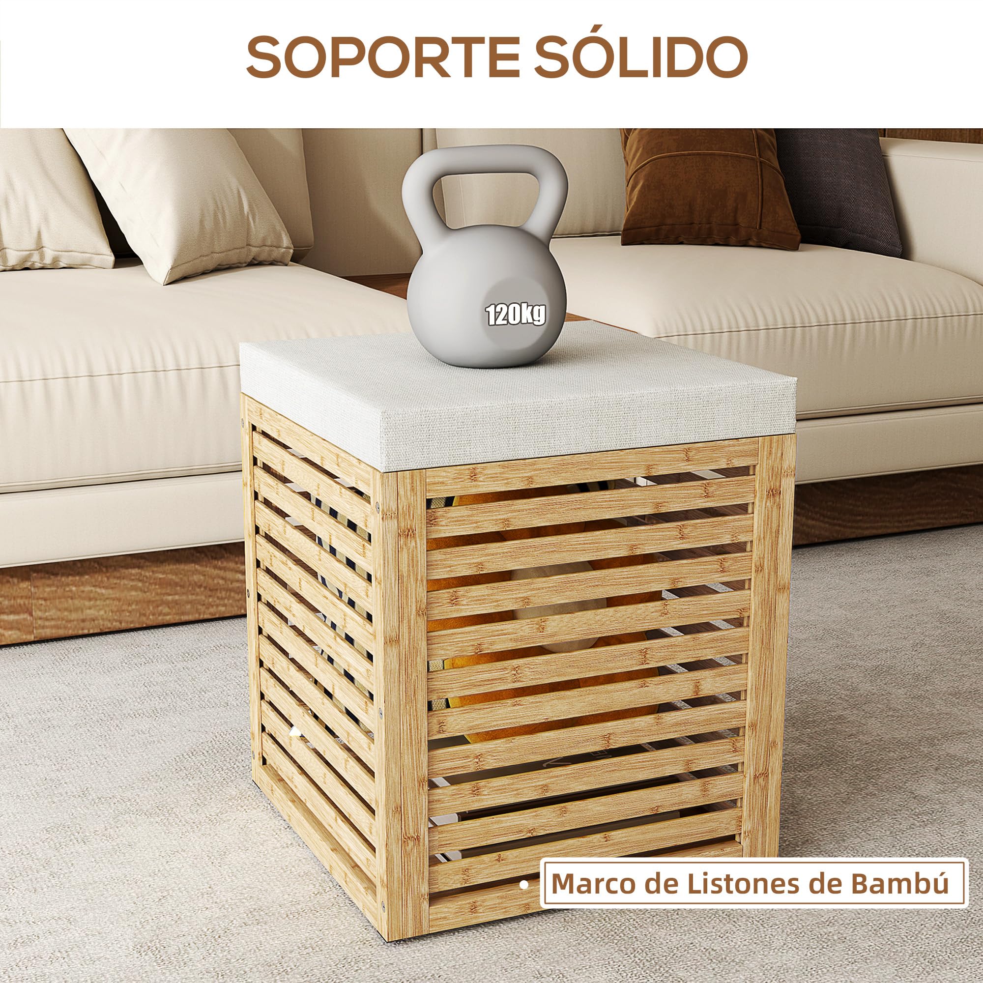 HOMCOM Baúl de Almacenaje para Dormitorio 54,7L Taburete de Almacenaje Tapizado en Lino Sintético con Cojín Marco de Bambú para Entrada Salón 40x40x47 cm Gris y Natural