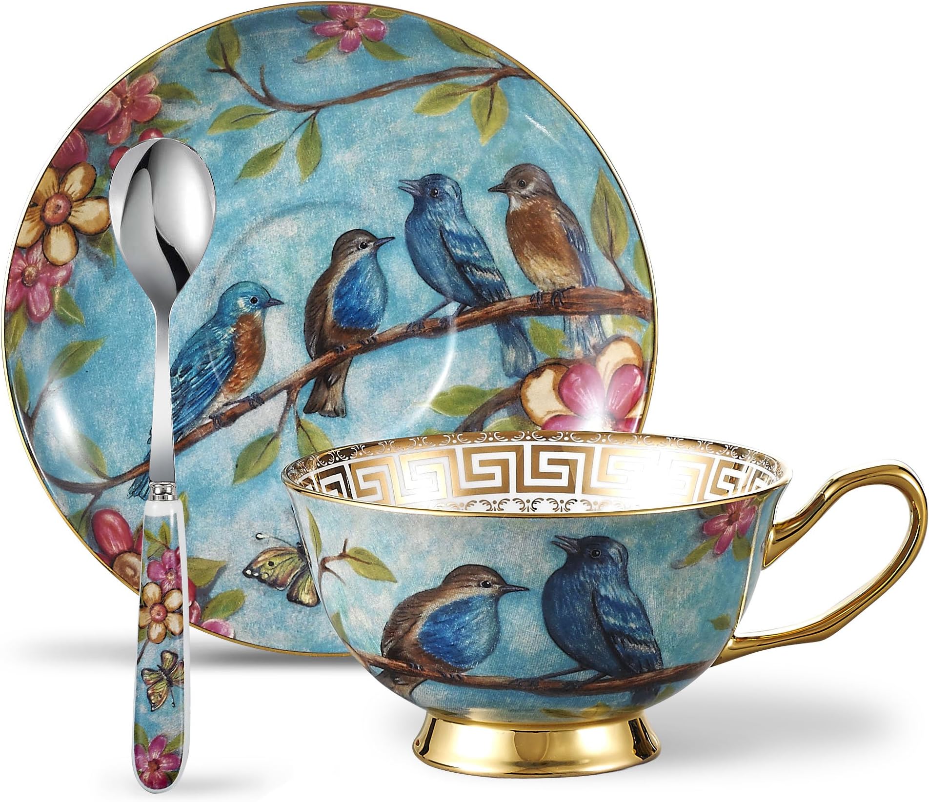Panbado Cups & Saucers Sets with Spoons, Flower and Bird Blue Patterned Bone China 3-Pieces Set Ceramic Tea Coffee Cup Teacups Porcelain Floral Ceremic Mugs