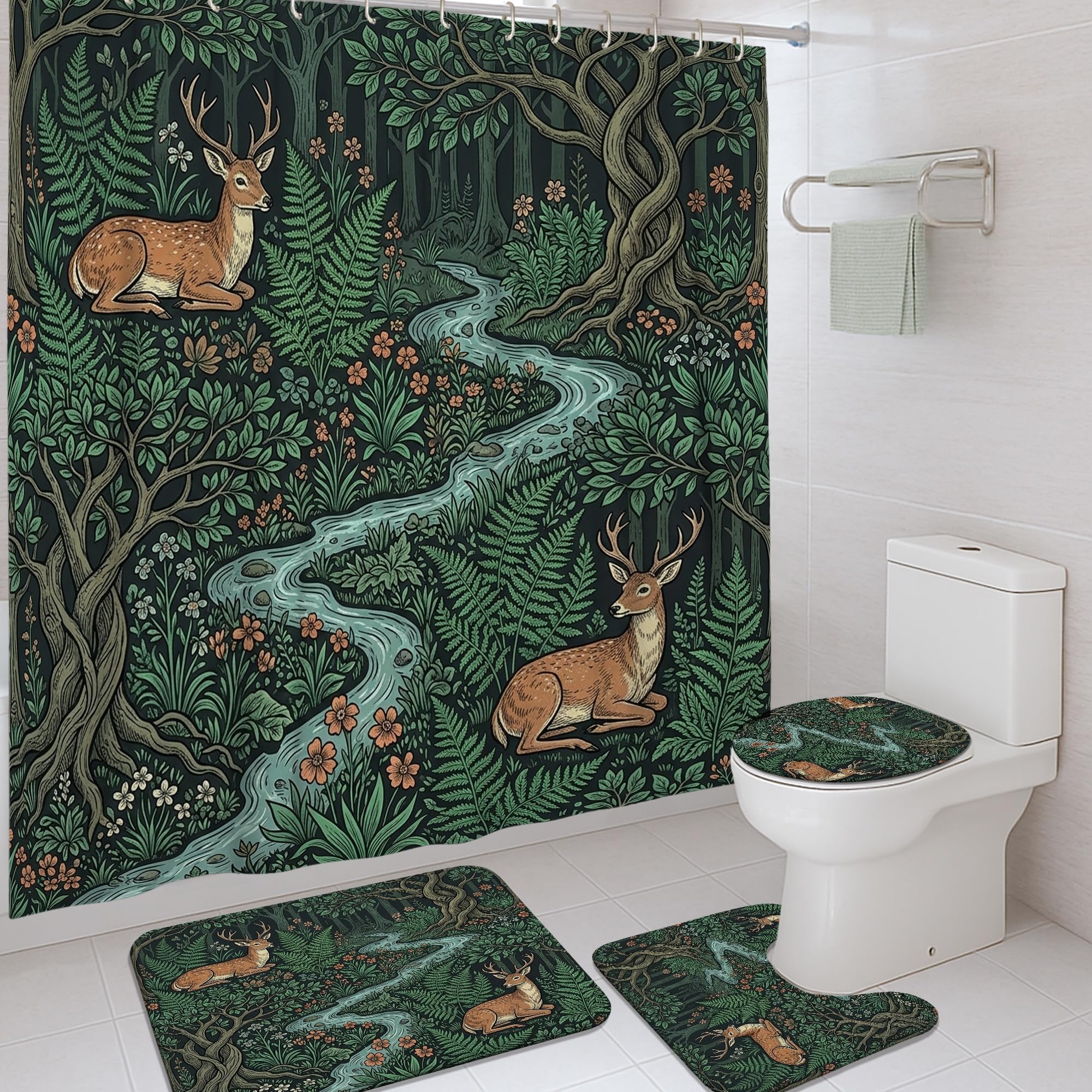 Rideau de douche imperméable vert automne en toile épaisse avec tapis décoratif pour baignoire