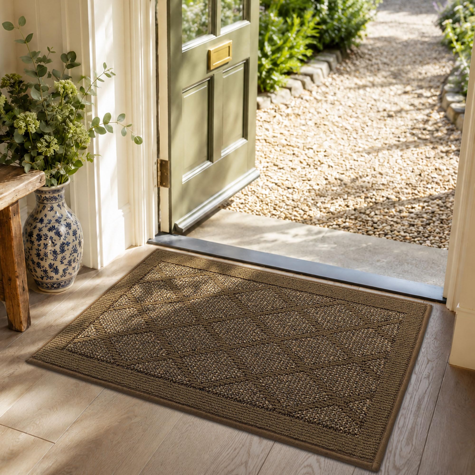 COSY HOMEER Indoor Door Mat Non Slip Floor Rug, Absorbent Dirt Trapper Door Matts, Machine Washable Floor Mat for Inside Hallway Kitchen Entrance,1cm Low Profile, Crease-Free Rolled, 50x80 cm, Brown