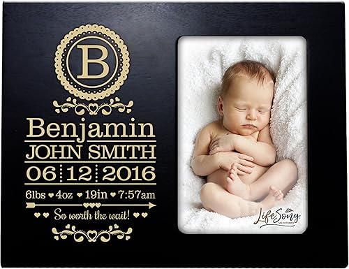 LifeSong Milestones Marco de fotos personalizado con monograma de anuncio de nacimiento de bebé para niños y niñas recién nacidos, marco de fotos