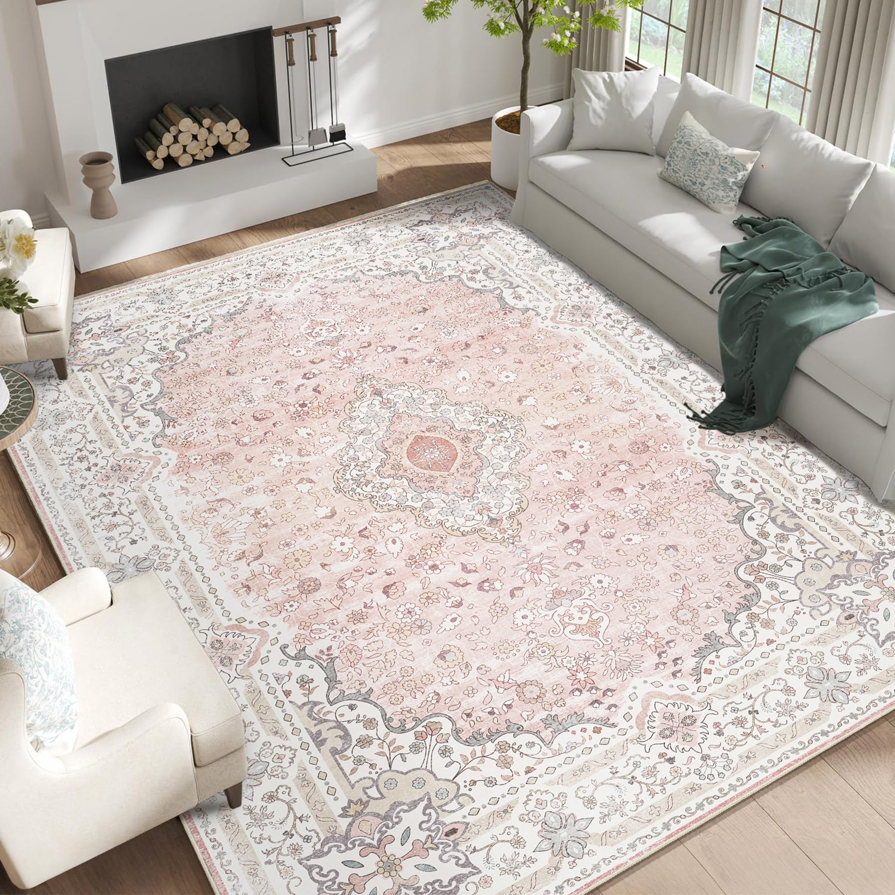 Photo 1 of Brakki Pink Rug 9x12 for Bedroom, Washable Area Rug for Living Room Dining Room Entryway, Non Slip Vintage Boho Rug for Kitchen Bathroom, Soft Low Pile Stain Resistant Floor Carpet Indoor