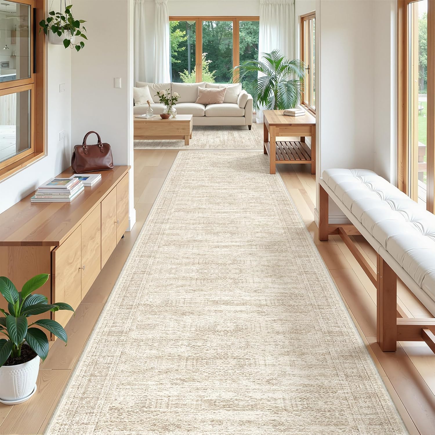 3x20 Washable Runner Rug for Hallway, Non-Slip Long Hallway Runner for Entryway, Soft Vintage Kitchen Mats for Floor, Abstract Dining Room, Bedroom, Living Room Rugs(3'x20', Beige/Ivory) - Image 4