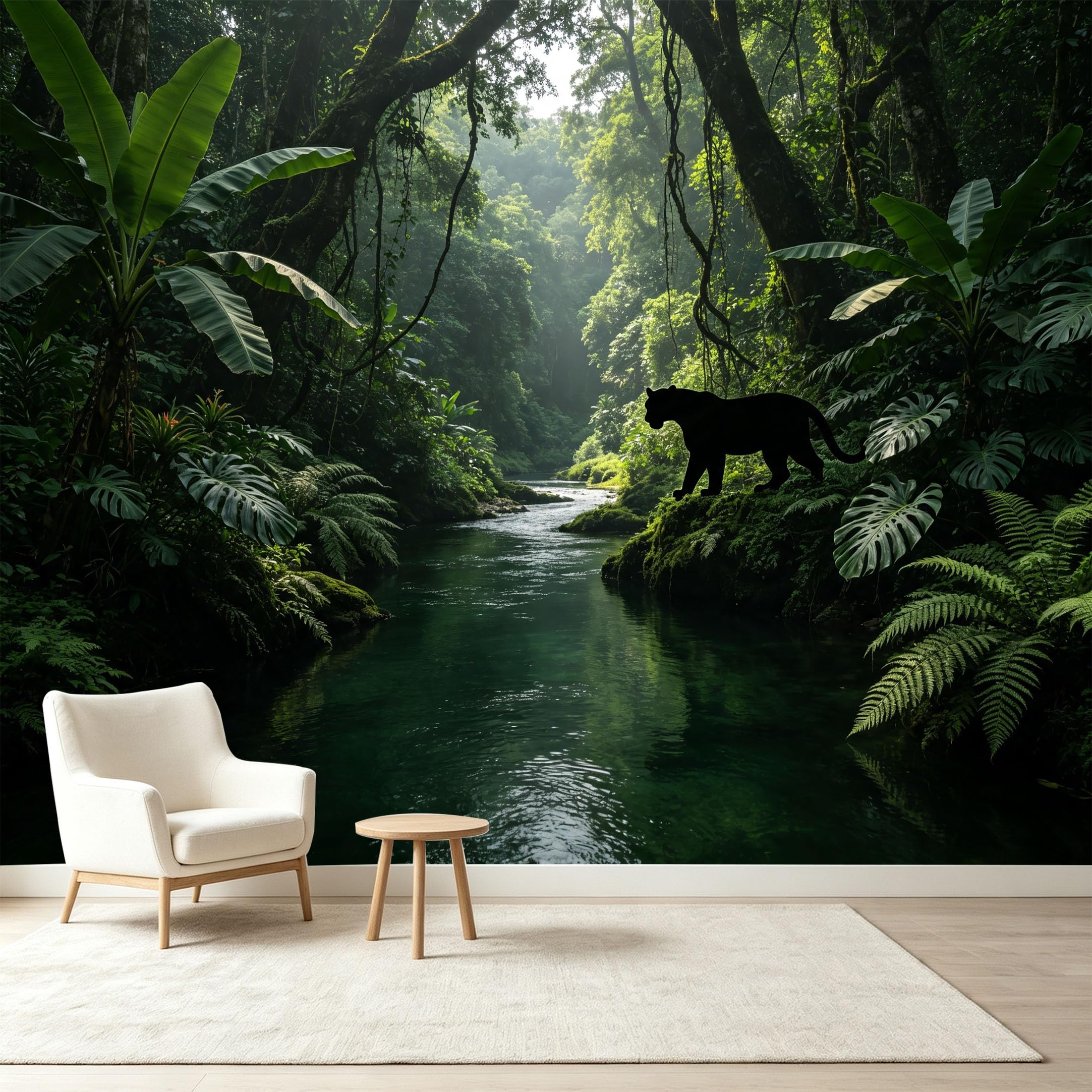 Custom Size Wall Murals Tropical Jungle River Black Panther Silhouette Self-Adhesive Wall Fabric Removable Wallpaper Wall Decor for Living Room Bedroom Bathroom