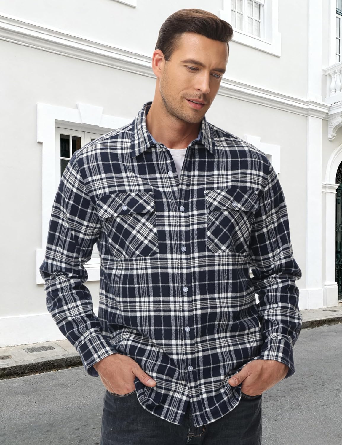TACVASEN Men's Flannel Shirts Lightweight Cotton Button Down Long Sleeve Shirt Casual Plaid Pocket Shirts Outdoor