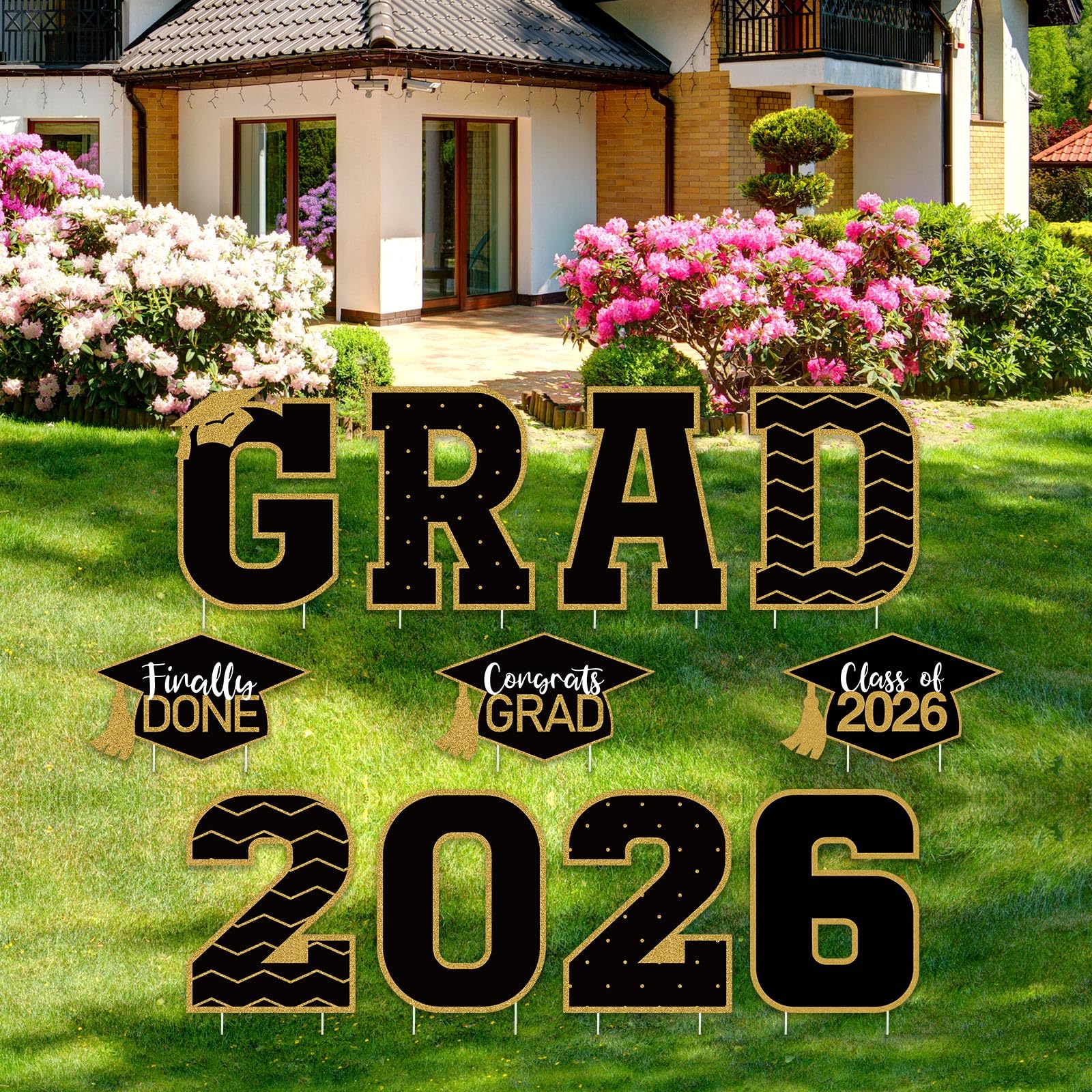 Photo 1 of Tatuo 11 Pcs Graduation Yard Sign Decorations Class of 2026 Congrats Graduation Lawn Signs Grad Yard with 23 Stakes for High School College Outdoor Party Supplies(Black Gold,Simple Style)