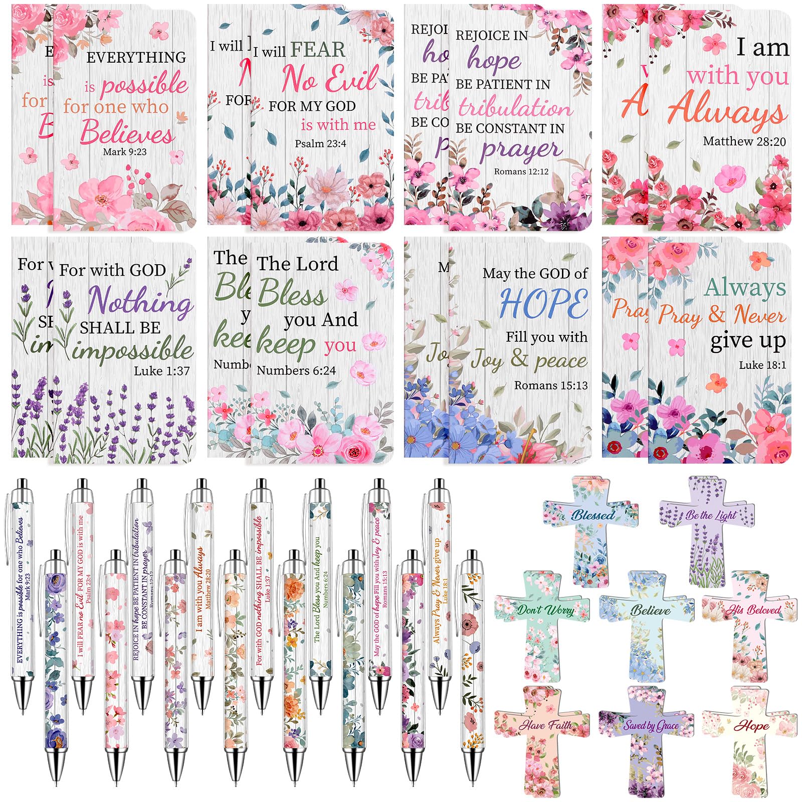 48 Pcs Christian Gifts Bulk for Women Flower Bible Verse Notebooks Scripture Pens Magnetic Cross Bookmarks Religious Notepad Pen Inspirational Gift for Coworker Colleague Teacher Church Sunday School