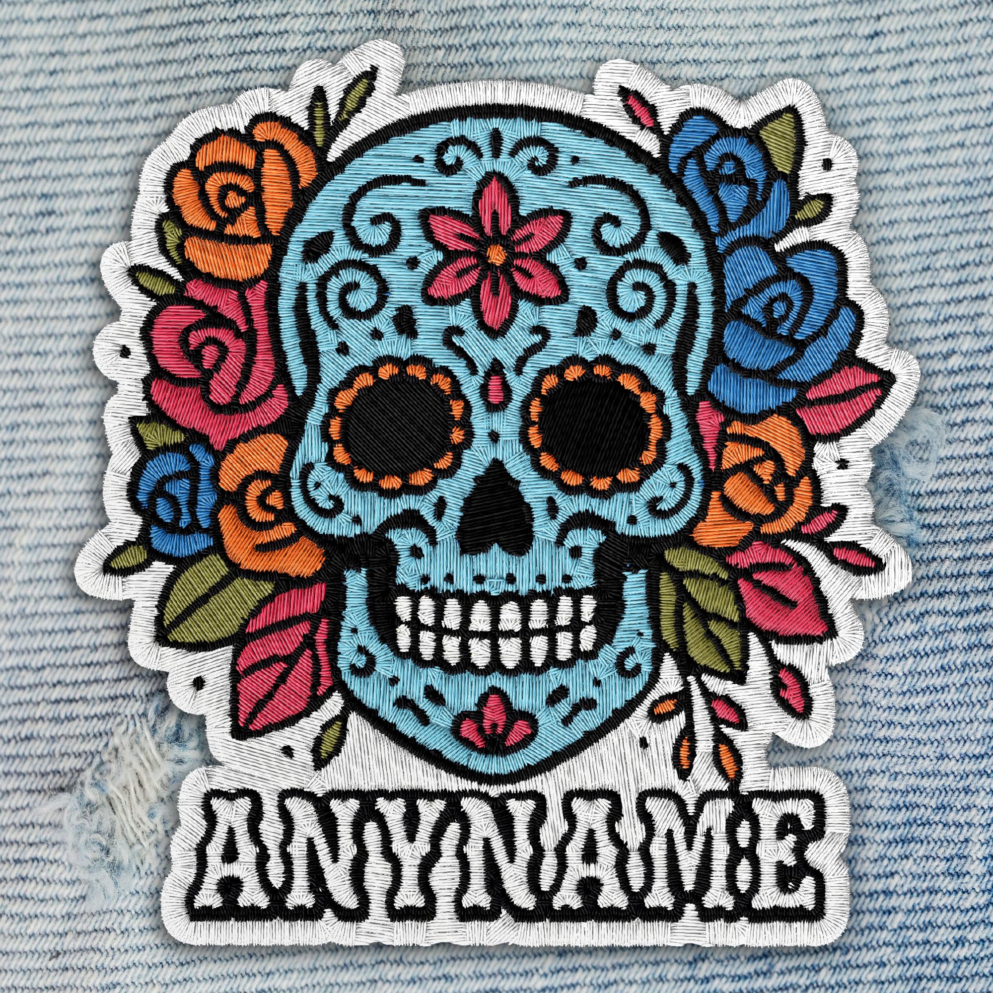 Custom Sugar Skull Name Patch Personalized Mexican Skeleton Halloween Dia De Los Embroidered Iron On Patch for Clothes, Jackets, Jeans, Caps, Bags, Uniforms, Backpacks, DIY Sewing Decor and Crafts
