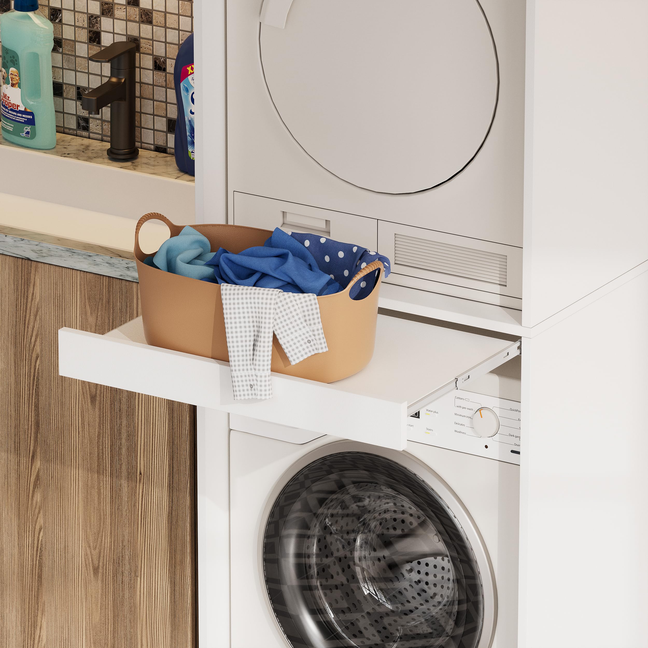 Waschmaschine Trockner Schrank mit Ausziehbrett, Waschmaschinenschrank-Überbauschrank für Waschmaschine & Wäschetrockner,Waschturm,180*65*66cm, Tragfähigkeit 100 kg,An der Wand befestigt,Zwei Pakete