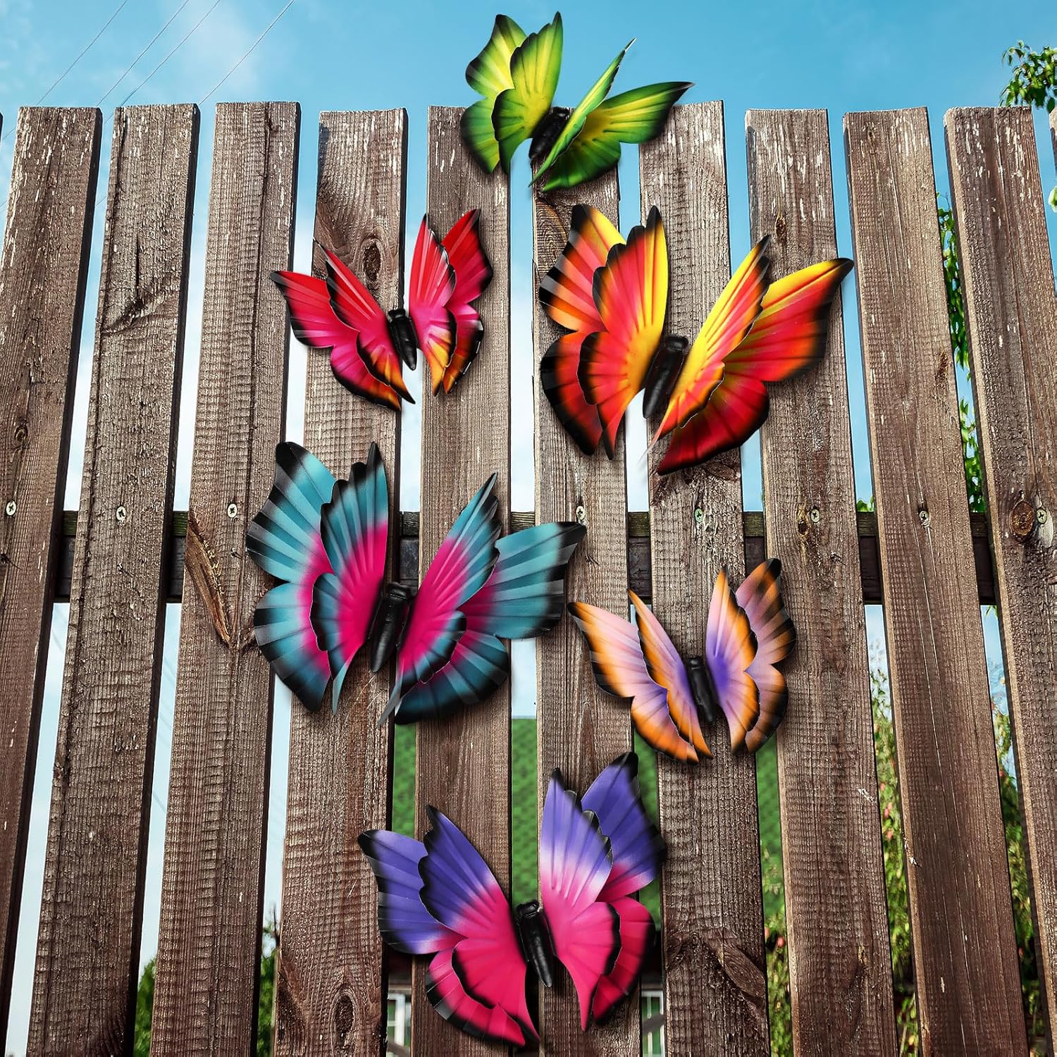 Briwooody 6 Pcs 3D Large Metal Butterfly Wall Decor- 11.8" 5.9" Double Layer Butterfly Outdoor Fence Art Decor Sculpture Wall Hanging Decorations with Hook for Yard Patio Living Room Garden Balcony