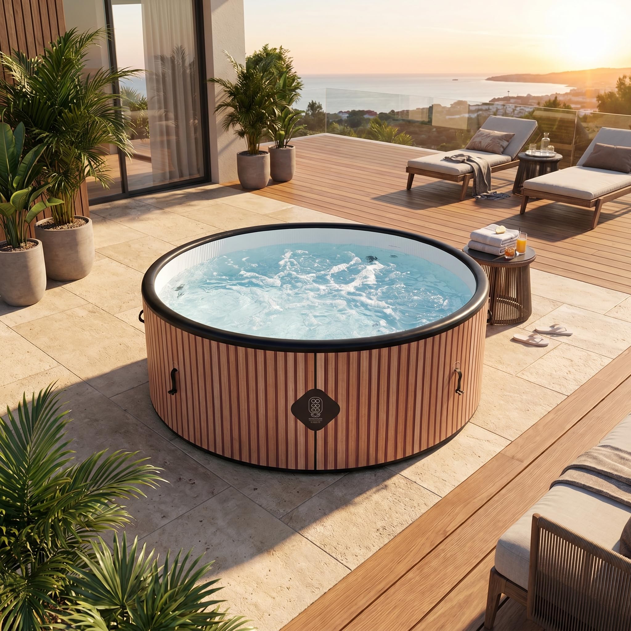 COCO SPA Rio Spa Inflable | 180 cm de diámetro | 1100 litros | Motor 2240 W | Hasta 6 personas | Masaje 140 chorros | Imitación madera natural