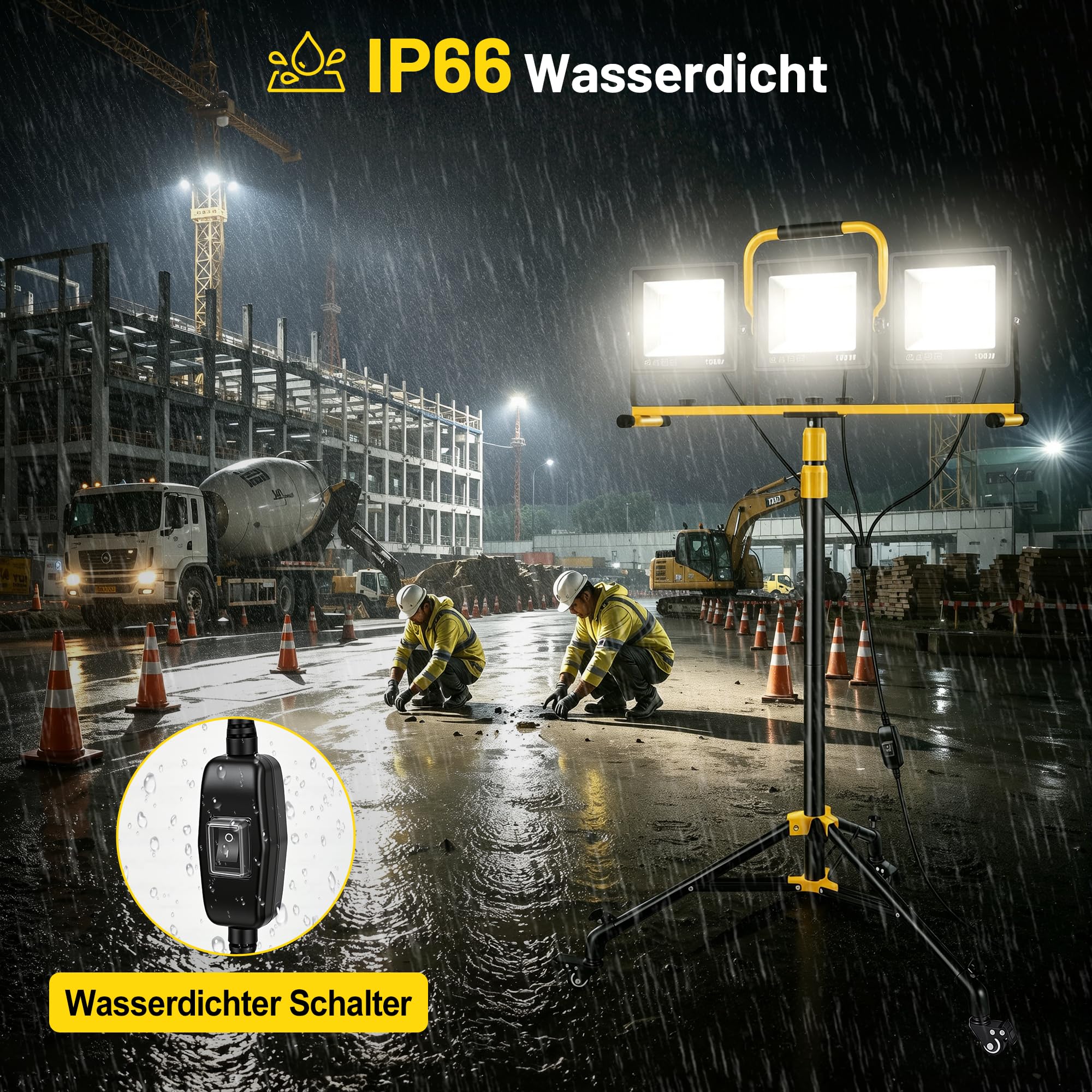 YEARTOP Baustrahler LED mit Rollstativ, IP66 Baustrahler mit 5 m Netzkabel | Höhenverstellbar 98-155 cm, 300W Baustellenlampe Dreifarbig (3000K/5000K/6500K) für Baustelle/Renovierung/Detailing/Werkstatt