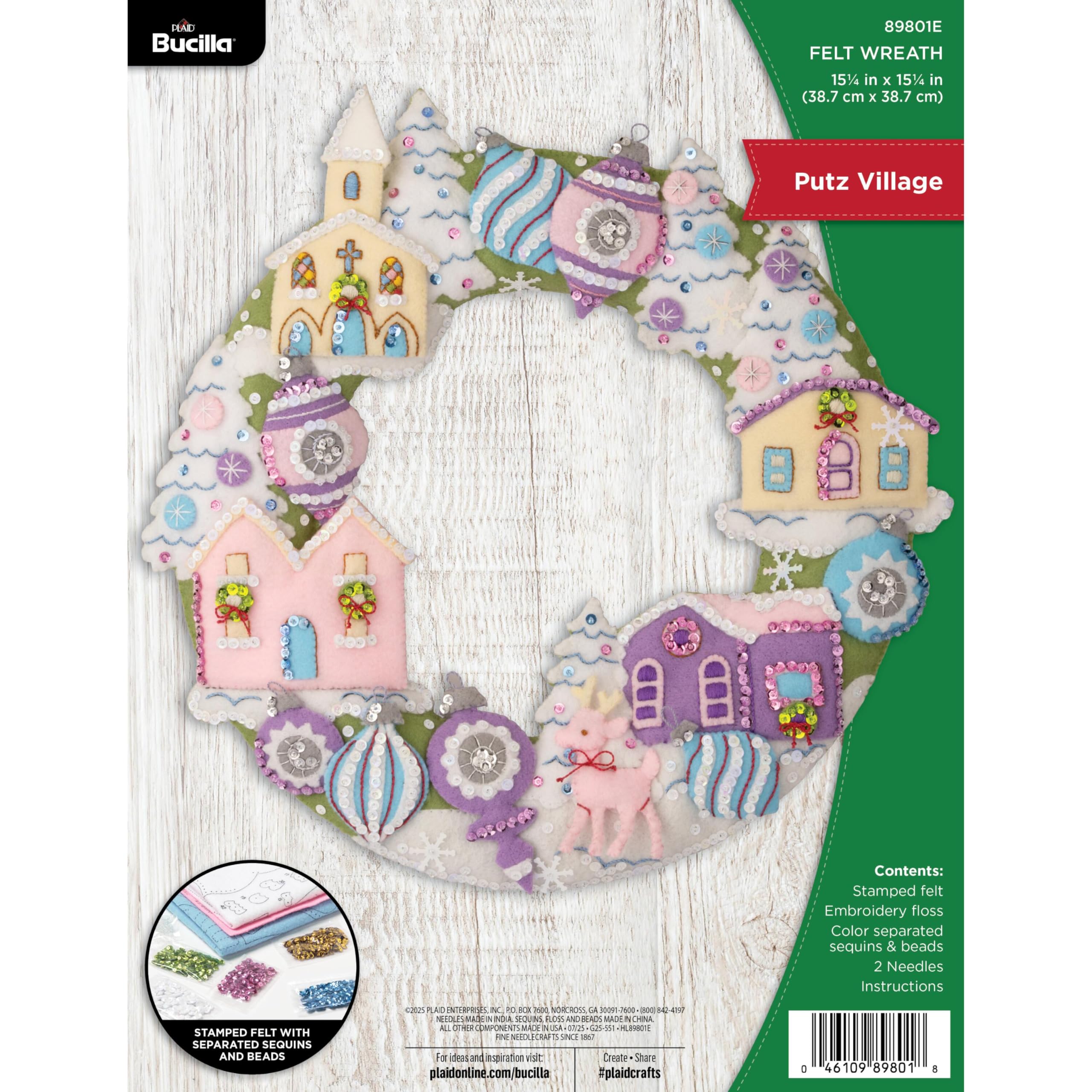 Bucilla Felt Applique Wreath Making Kit, Putz Village, Perfect for DIY Arts and Crafts