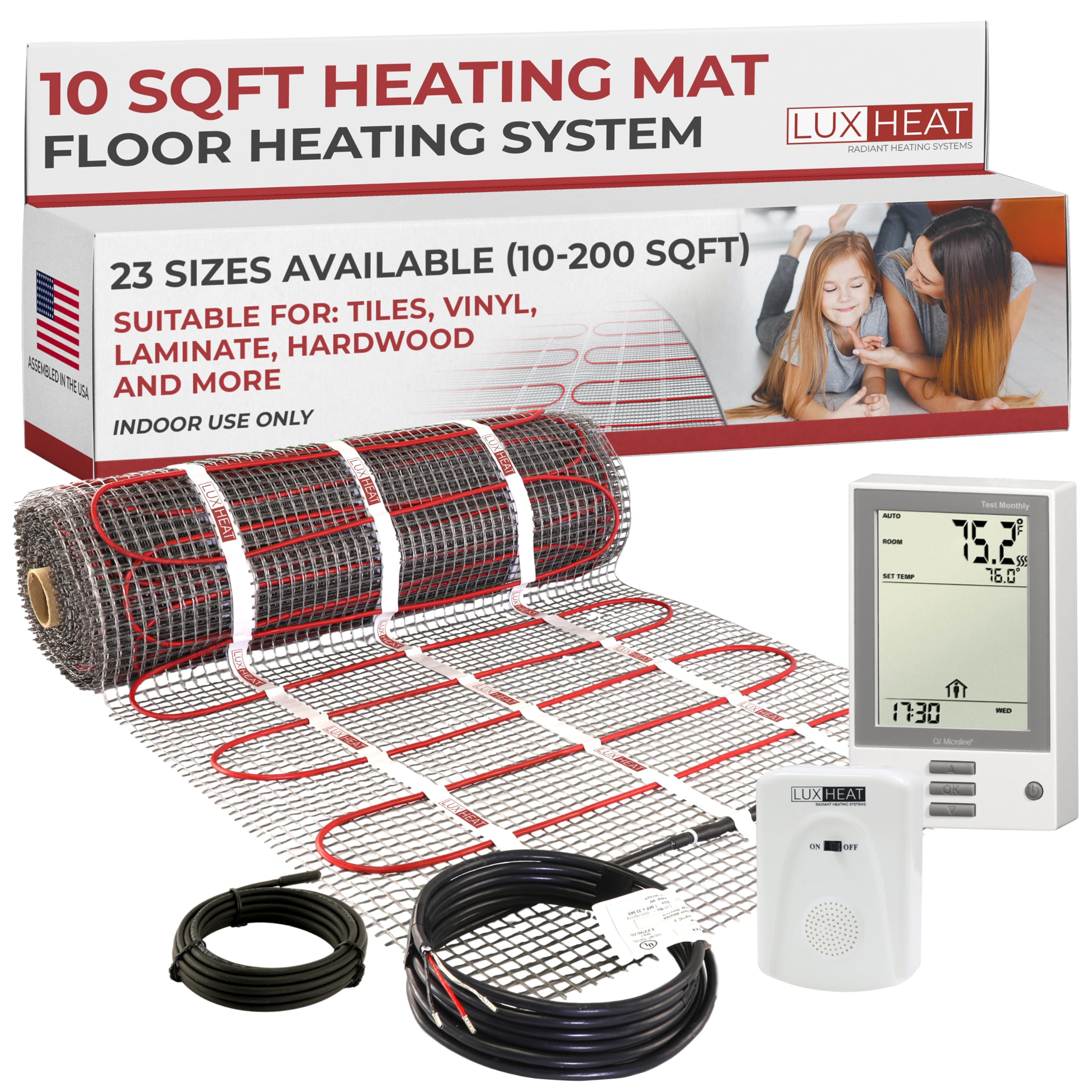 LuxHeat 10sqft Floor Heating Mat Kit - 120v Electric Heated Floor Mat - Complete Electric Radiant Heated Flooring System Includes Alarm, UDG Programmable Thermostat w/GFCI & Flooring Sensor