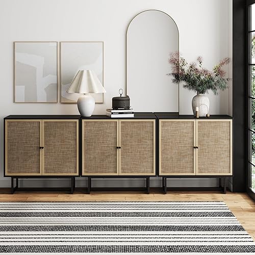 Miniatura 19 de Nathan James Kova - Aparador de almacenamiento de ratán con marco de madera y metal mate, estantes interiores ajustables y puertas de caña, para