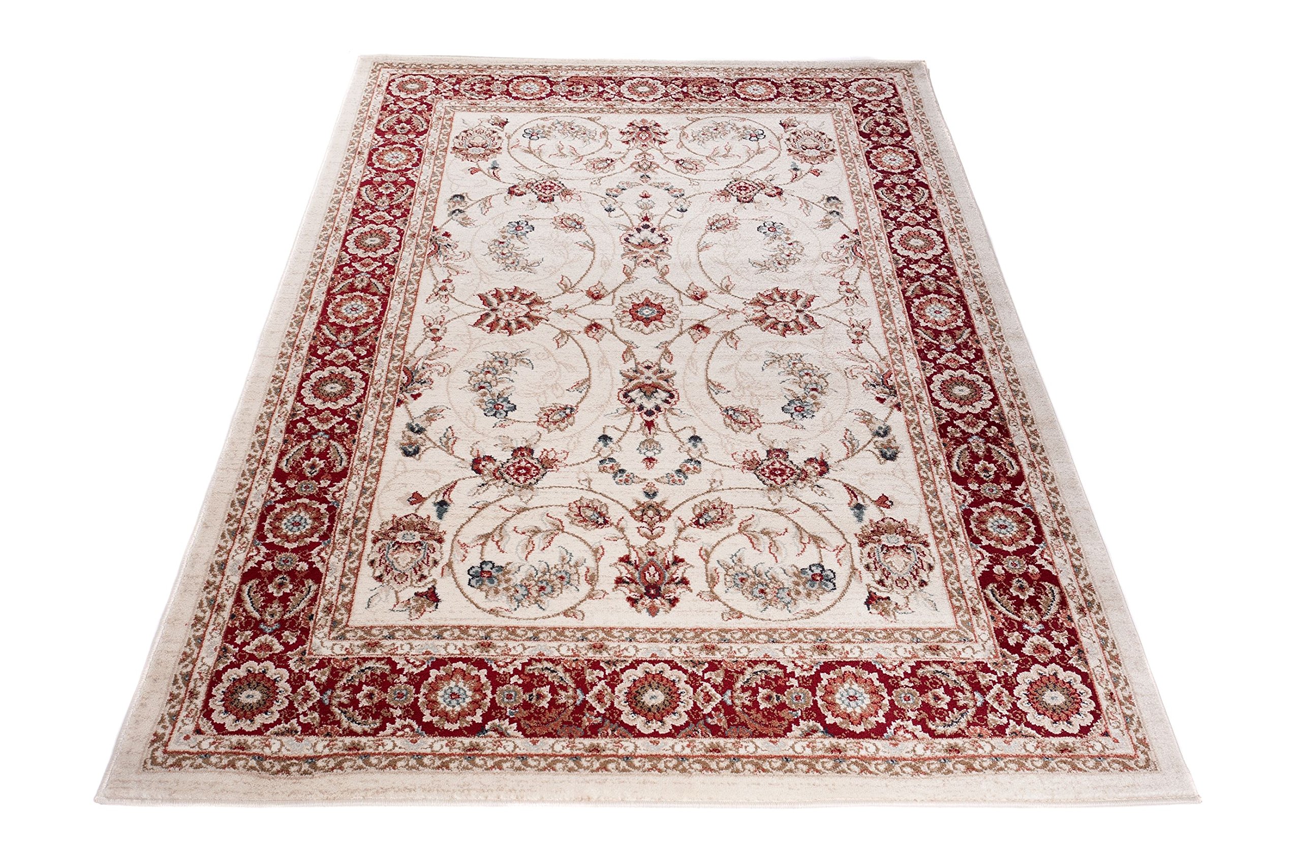 Carpeto Teppich Flur 160x220cm Creme Rot Klassisch Traditionell Weich | Teppich für Eingangsbereich Küche Büro Wohnzimmer Schlafzimmer Beige Pflegeleicht Fußbodenheizungsgeeignet Mittelflor Elegant