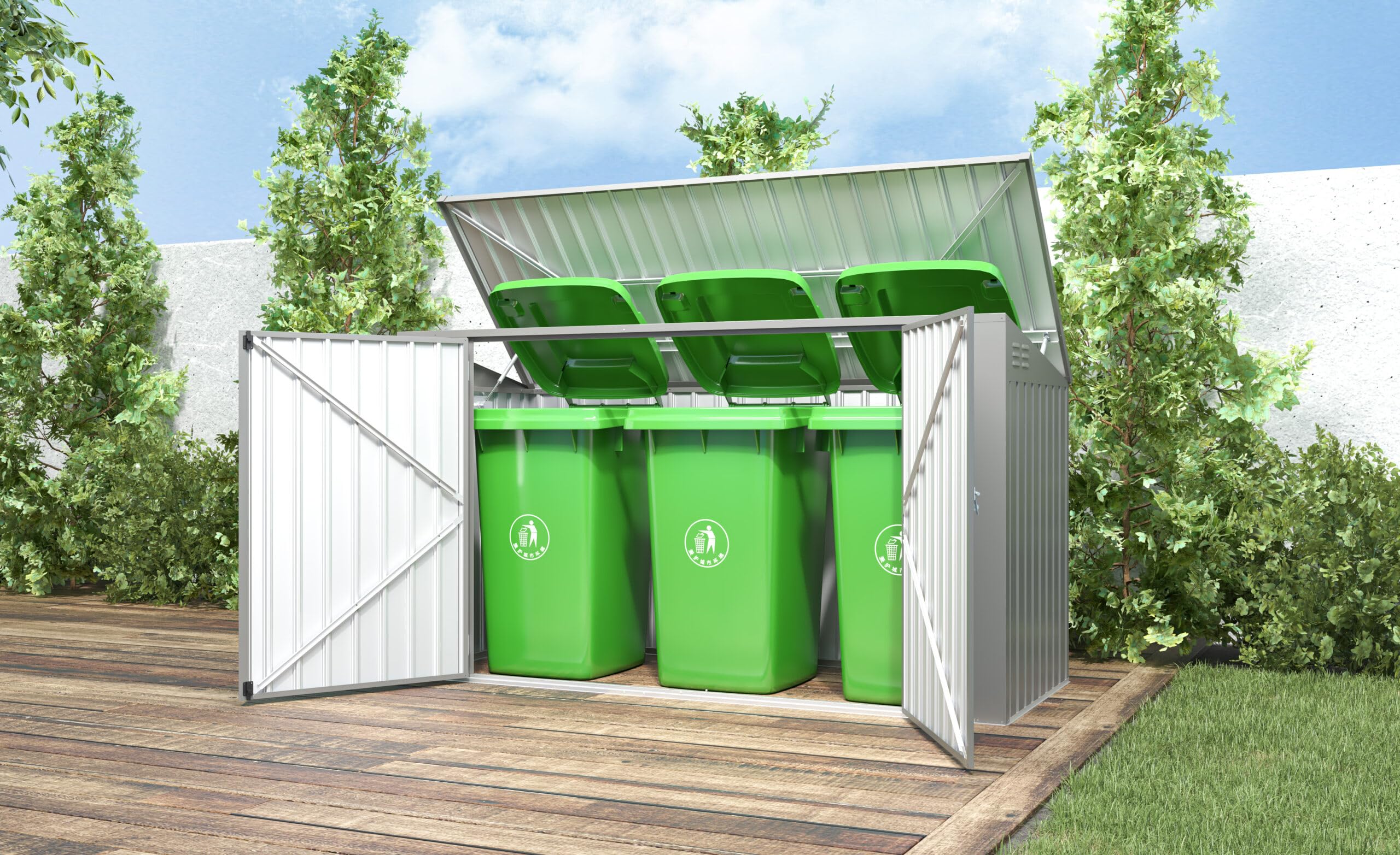 Rangement pour poubelles à roulettes en Bois - Triple Portes à Ouverture individuelle et sur Le Dessus avec Serrure séparée - Poubelle Non Incluse (Triple Porte, Gris)
