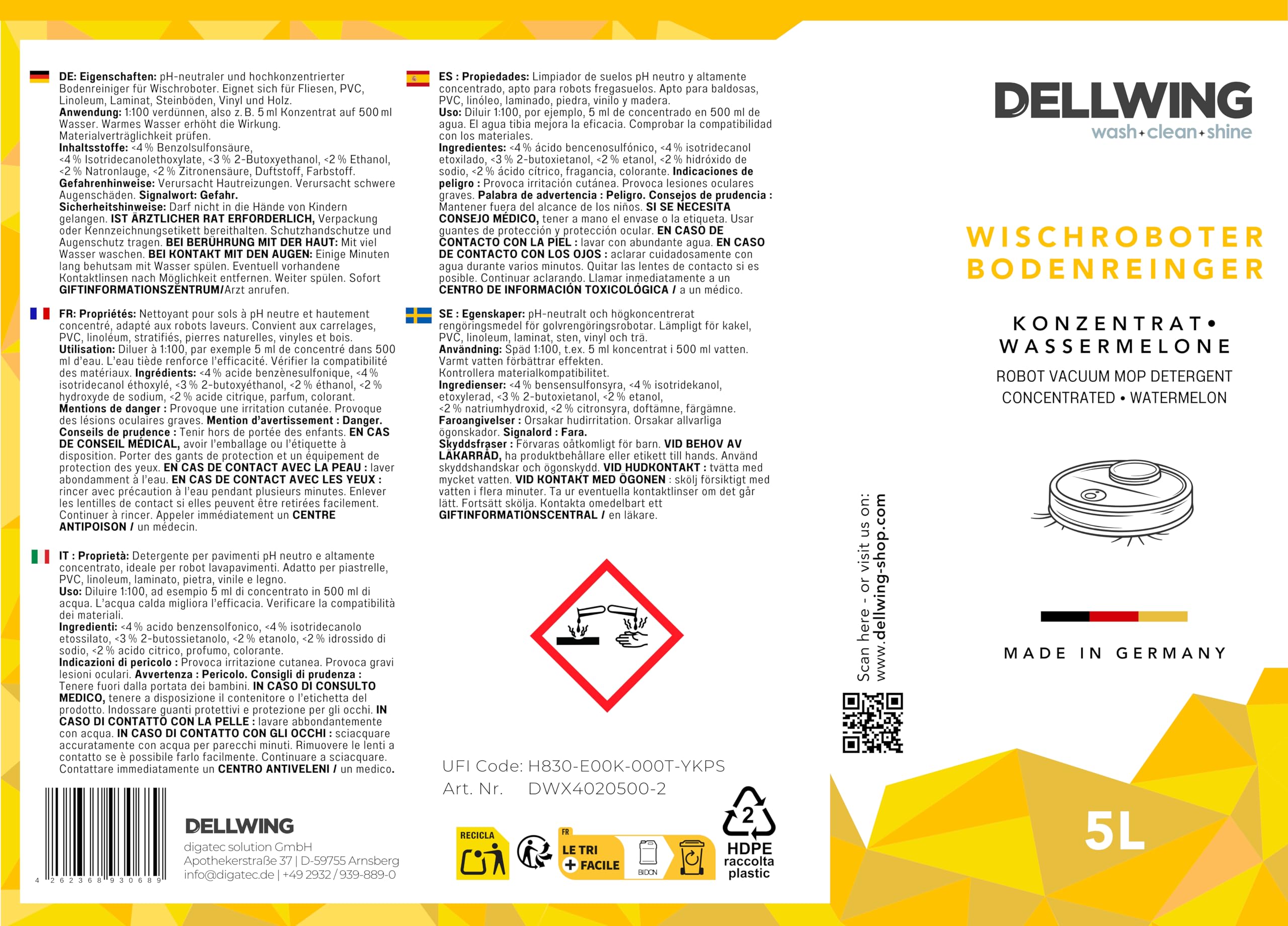 Dellwing Detergente per robot lavapavimenti concentrato 5 l, detergente per pavimenti per tutti i tipi di superfici, profumo di anguria, Made in Germany