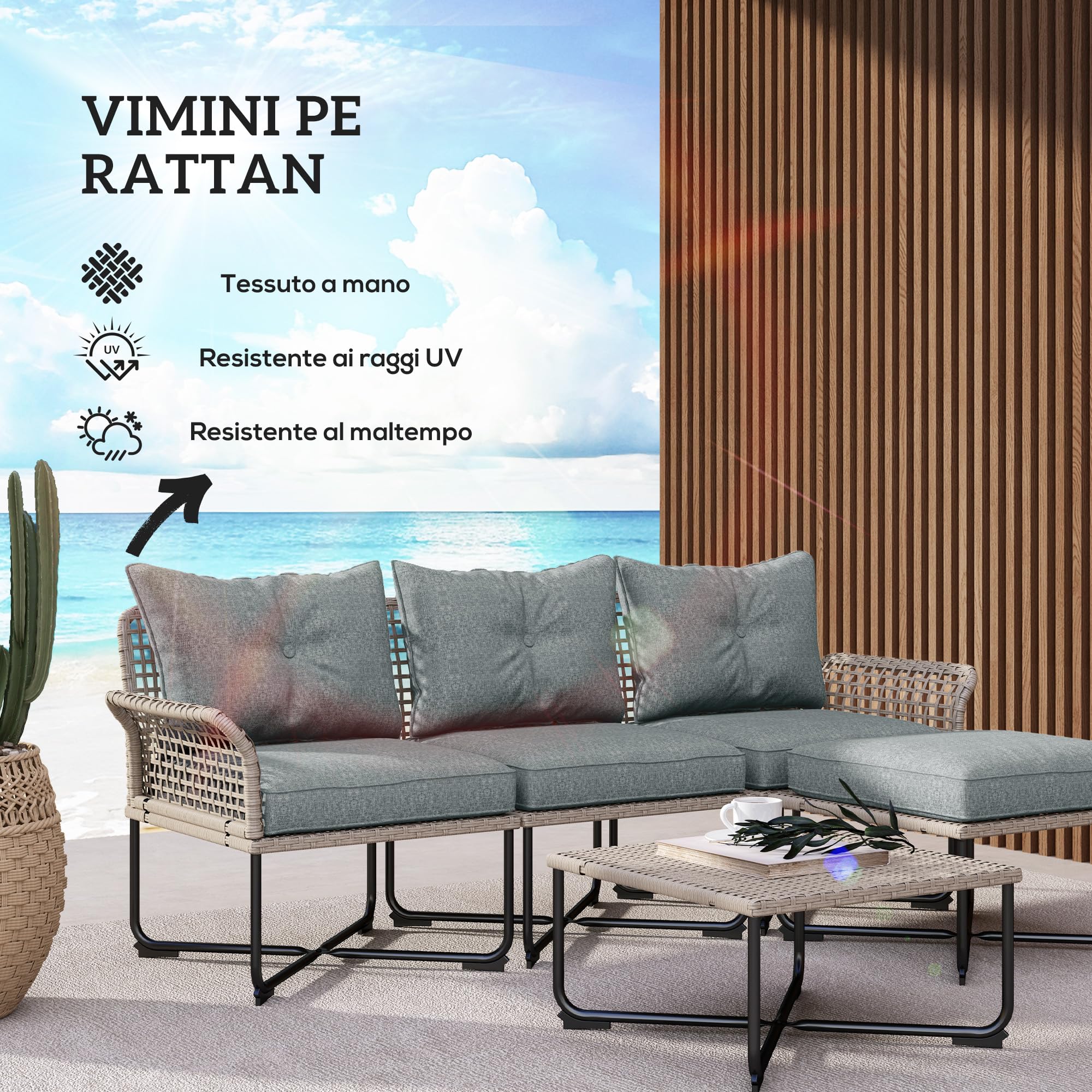 Set da Giardino Outsunny 5 Pezzi Rattan con Sedie e Sgabelli, Esterno Grigio e Legno