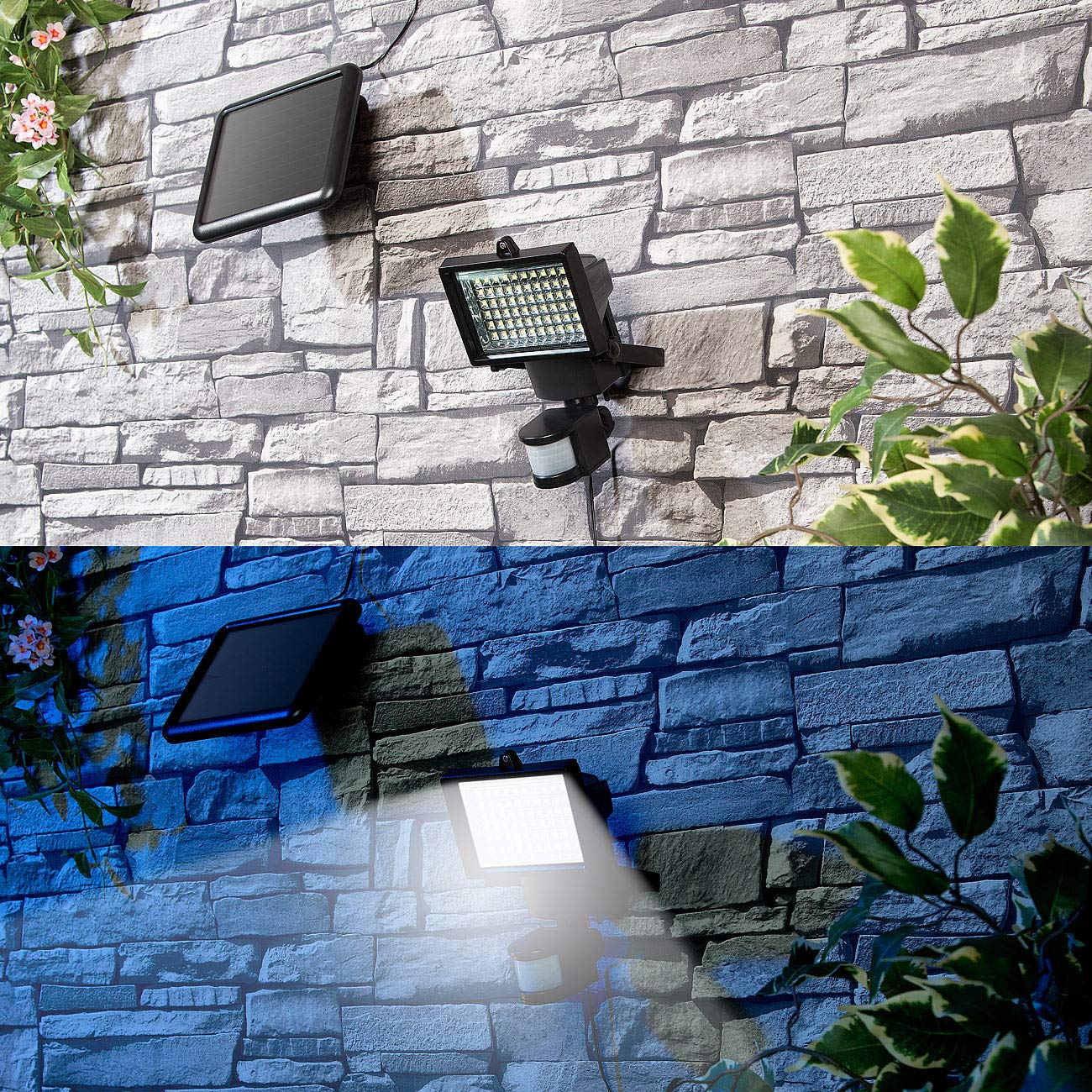 Luminea LED-Solar-Außenstrahler: 2er-Set Solar-LED-Wand-Fluter für außen, mit PIR-Sensor, 12 W (Flutlicht Strahler, Wand Hofscheinwerfer)
