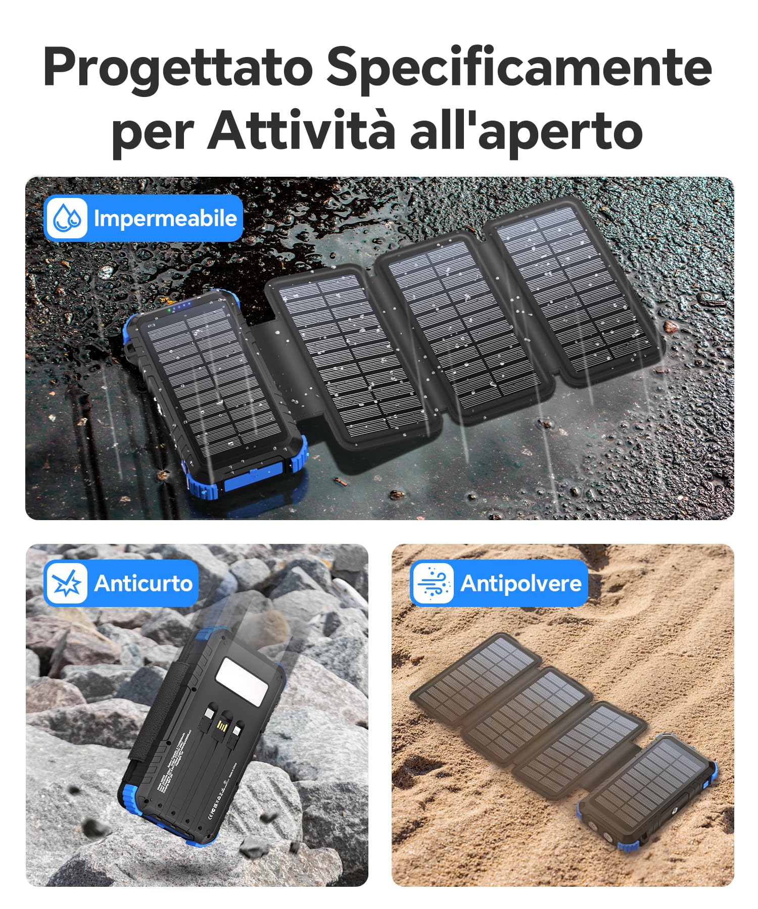 Power Bank Solare da 20000mAh con 4 Pannelli Solari, Power Bank USB C da 15W a Ricarica Rapida, 5 Uscite con 3 Cavi, Caricabatterie Solare Portatile per Esterni con Moschettone e Torce per Telefoni