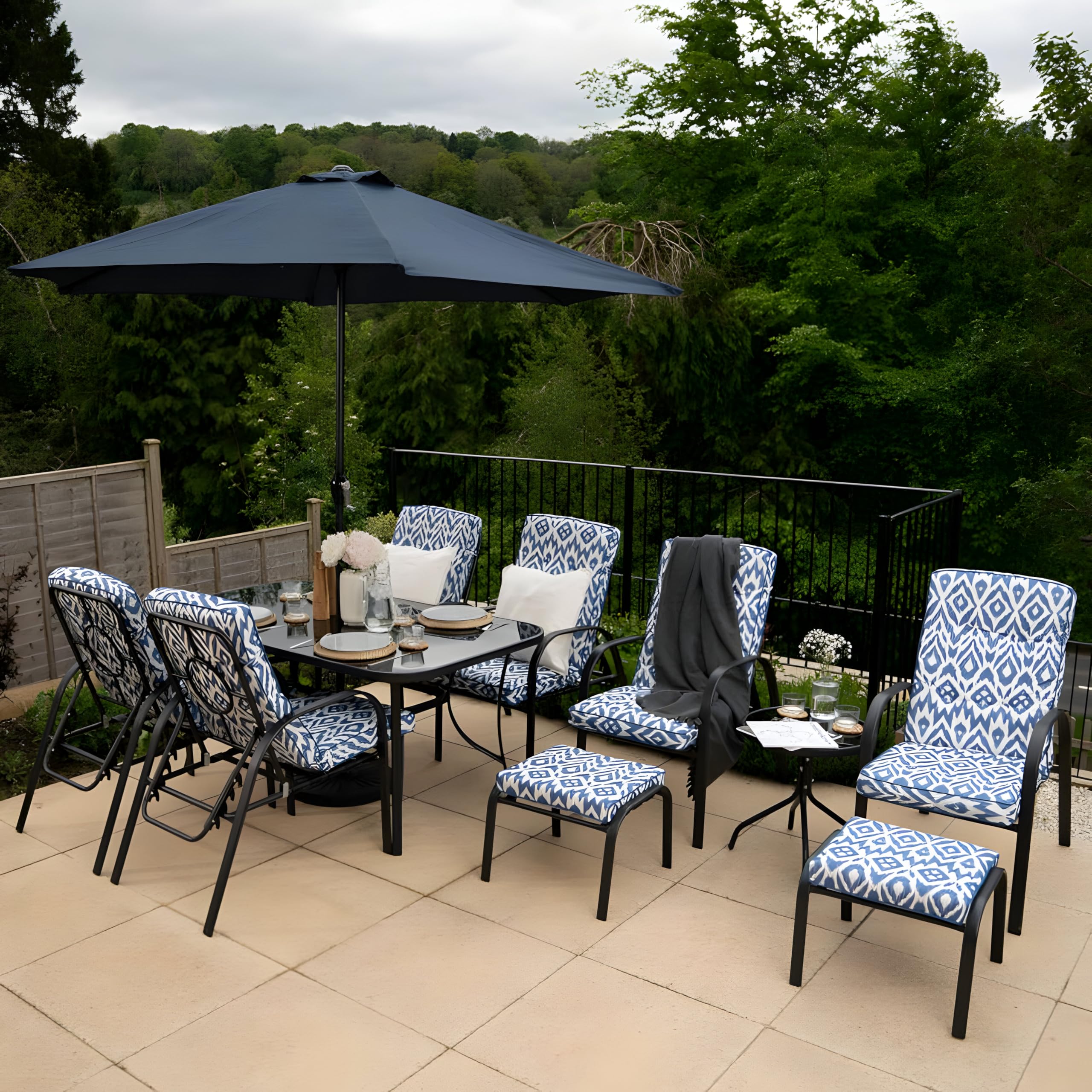 Hectare 6 Seater Garden Furniture Dining Set with Side Table Footstools and Parasol in Blue Aztec Pattern