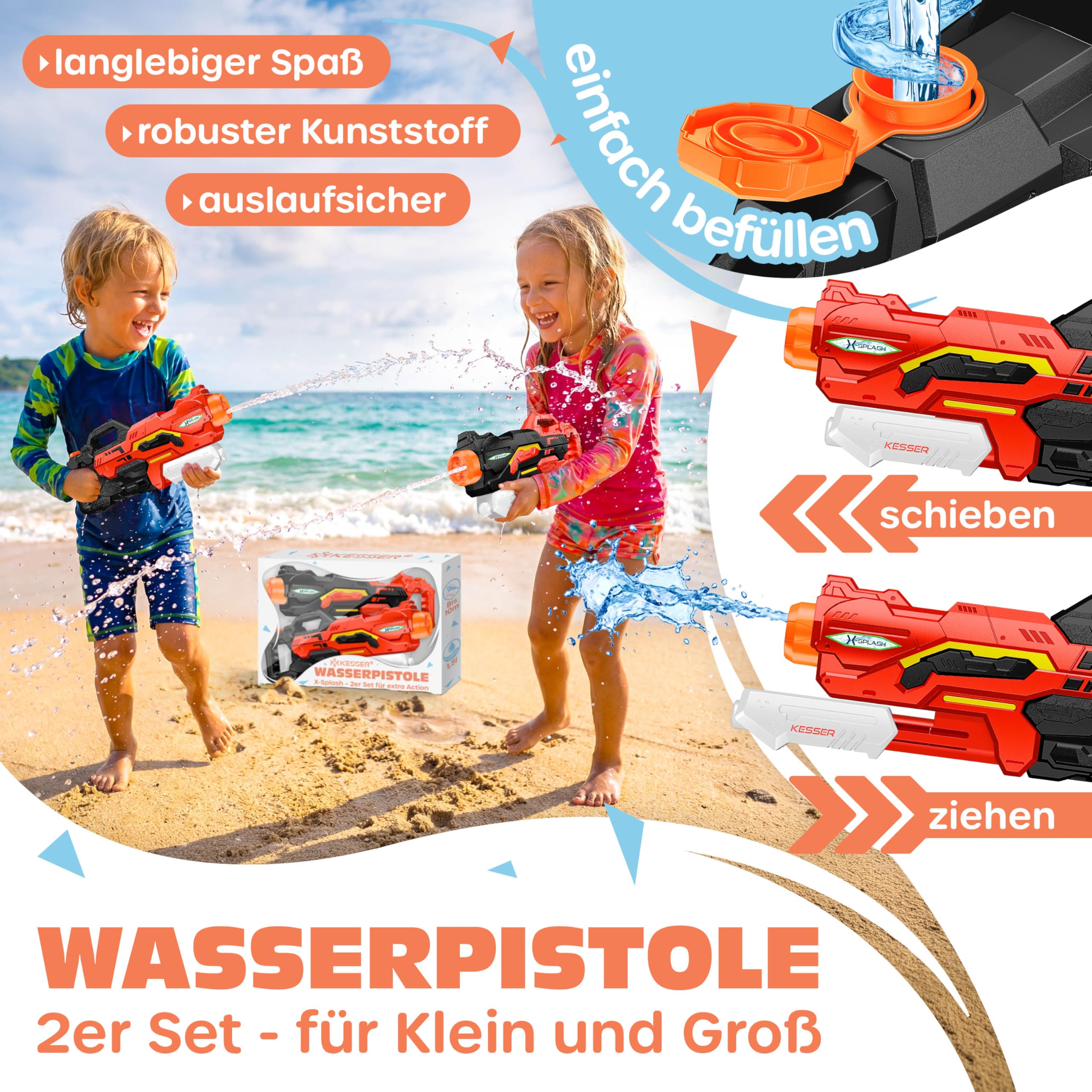KESSER Wasserpistole 2er Set, Reichweite 10-11 Meter, 1500ml, Wasserspaß Strand Spielzeug