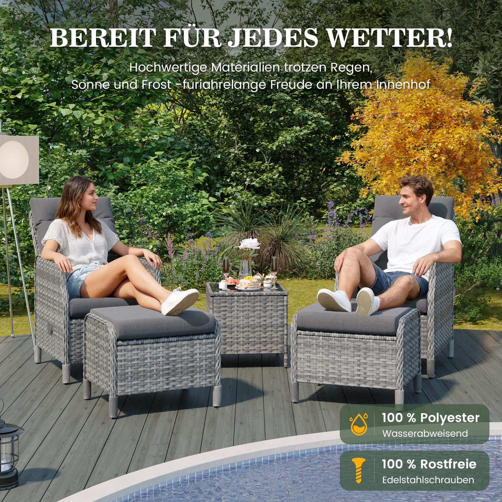 Amopatio Rattan Gartenmöbel Set mit 2 Verstellbarem Rattan Sessel, 2 Hocker & Glastisch, Wetterfest Lounge Möbel Outdoor mit Softkissen, für Garten,Terrasse & Balkon, Grau-meliert & Dunkelgraue Bezüge
