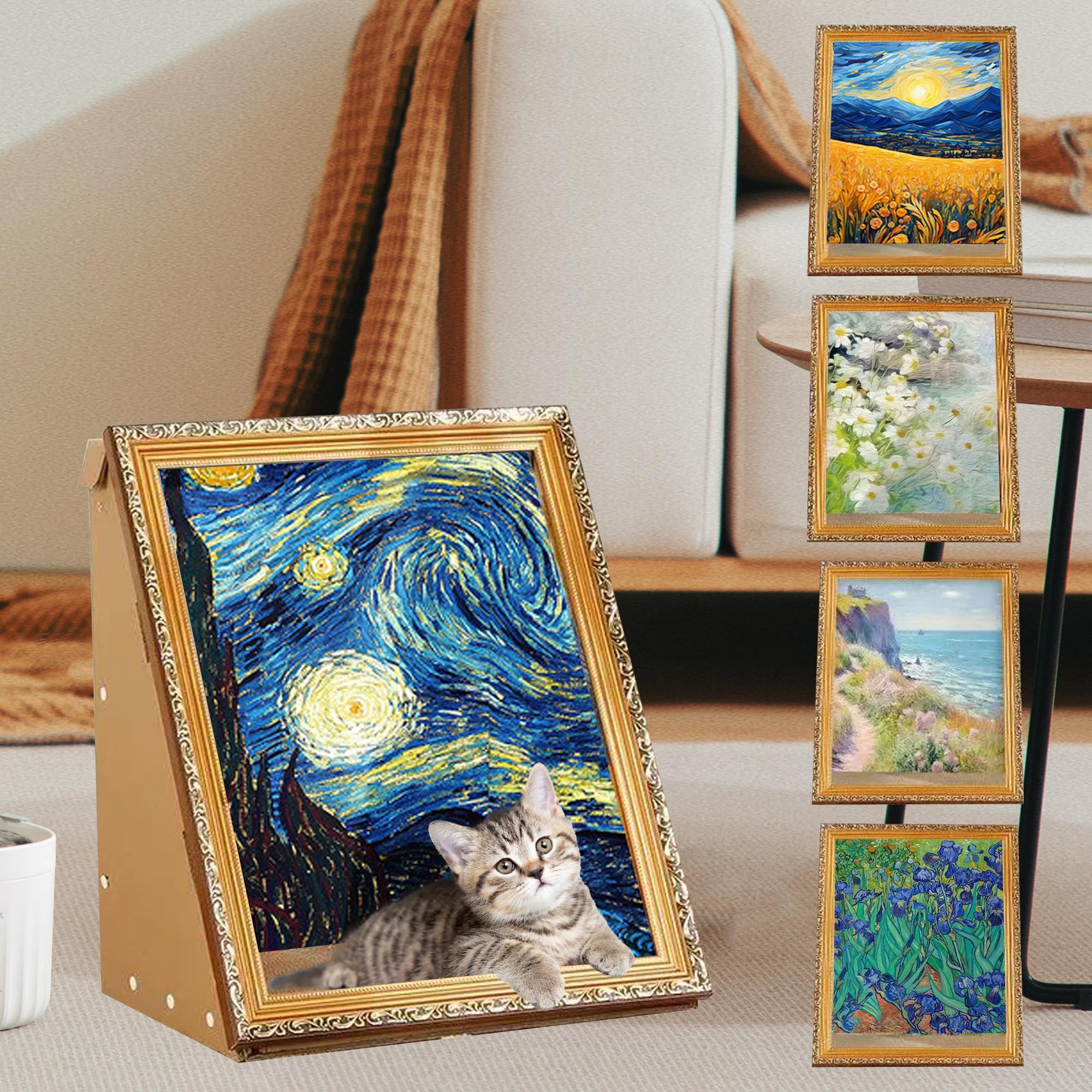 Art 3D Ölgemälde Katzennest für Künstler Kätzchen Kunst Rahmen Katzenbett mit Kratzbrett Katzenkratzpad für alle Jahreszeiten Indoor Katzenspielzeug Haus (Sternennacht, Vintage Rahmen)