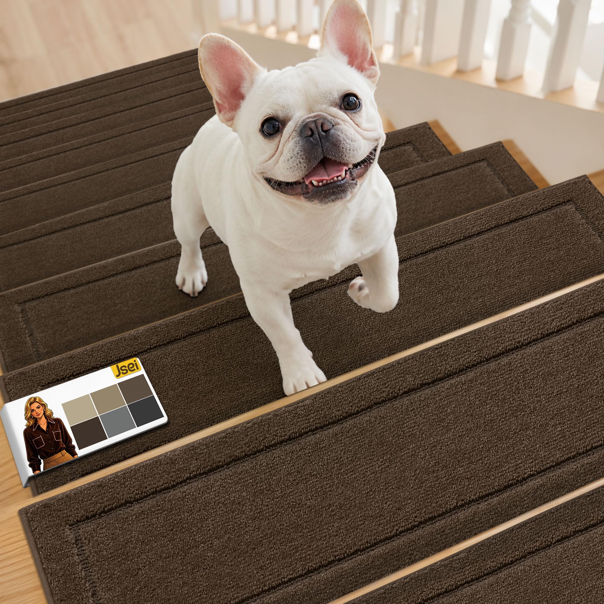JSEI Non-Slip Stair Treads, 4 Pack | TPE Backed, Washable & Pet-Friendly, 20 x 76 cm Stair Carpet Runners, Brown | OEKO-TEX® Certified
