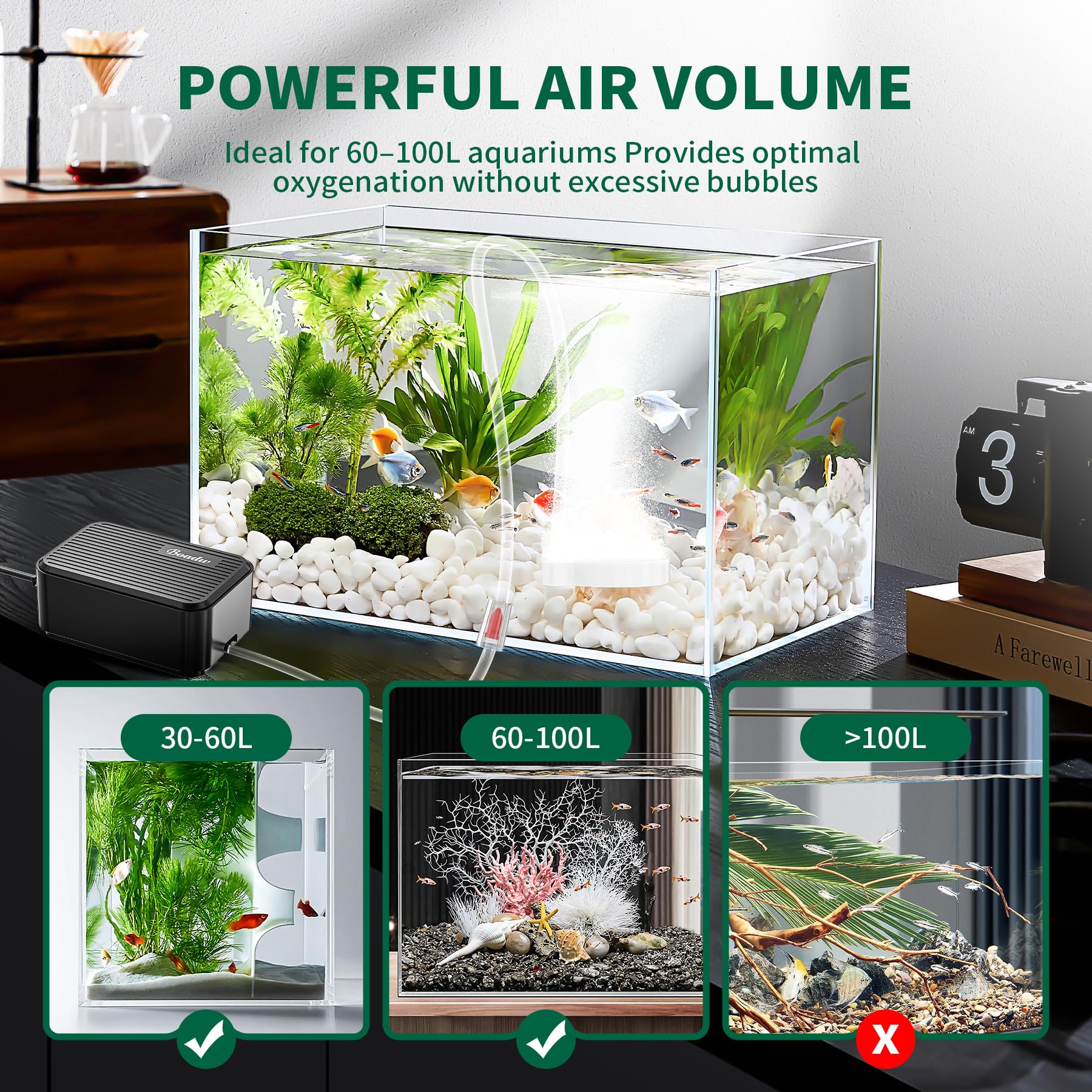 Pompa d'aria per acquari Boadw più silenziosa, pompa di ossigeno regolabile da 2,3 W per acquari fino a 100 litri con tutti gli accessori <30 dB