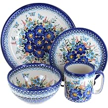 Blue Rose Polish Pottery - Garden of Blue 16 Piece Dinner Set - 4 Place Settings - Great for Everyday Dining, Casual Dining, or as Formal Dinnerware