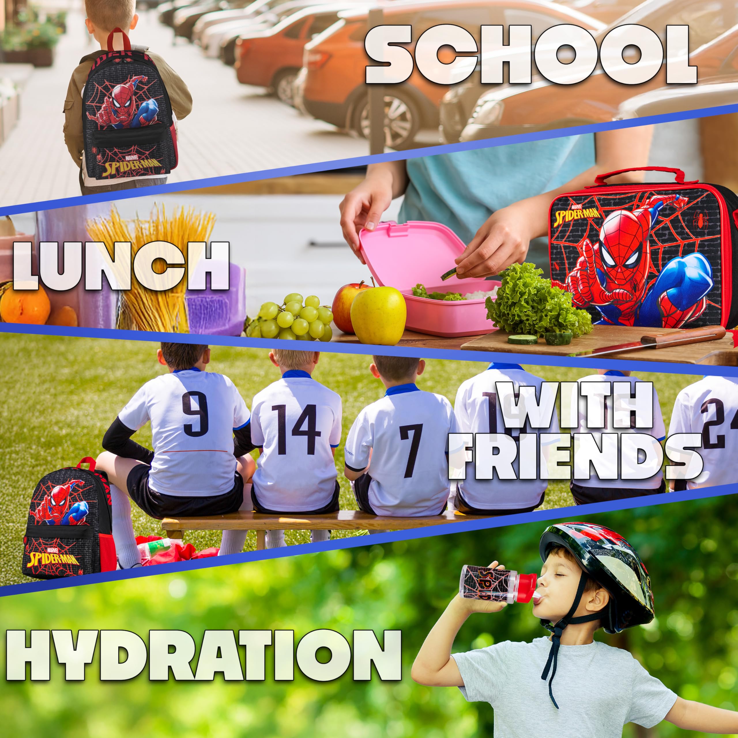 Marvel Spiderman Mochila Escolar Set de 4 Piezas con Botella Agua Estuche Niño Bolsa Almuerzo Superheroes Material Escolar