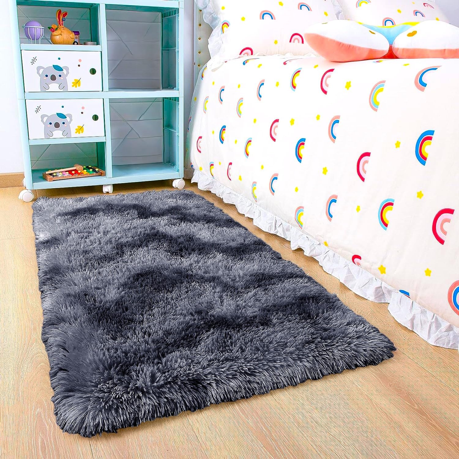 BedLooms Rugs Living Room Small 50x80 CM – Tie-Dye Dark Grey Area Rugs for Bedroom Anti Slip – Modern Super Soft Plush Carpets Fluffy Shaggy Rug for Lounge – Non Shedding Bedside Rug for Kids Room