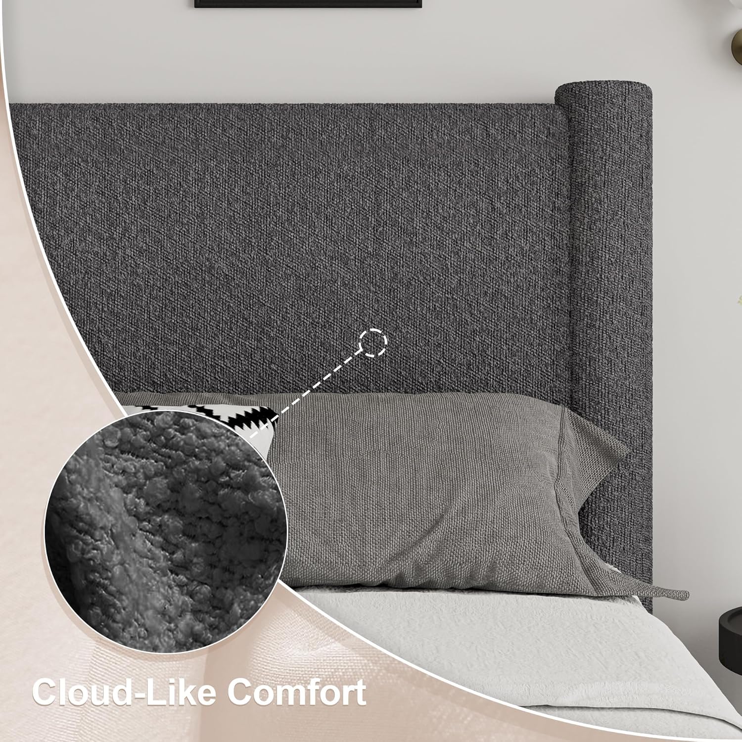 Full Size Bed Frame, Boucle Upholstered Platform Bed with Headboard and Footboard, Soft Rounded Corners, No Box Spring Required, Easy Assembly, Dark Grey