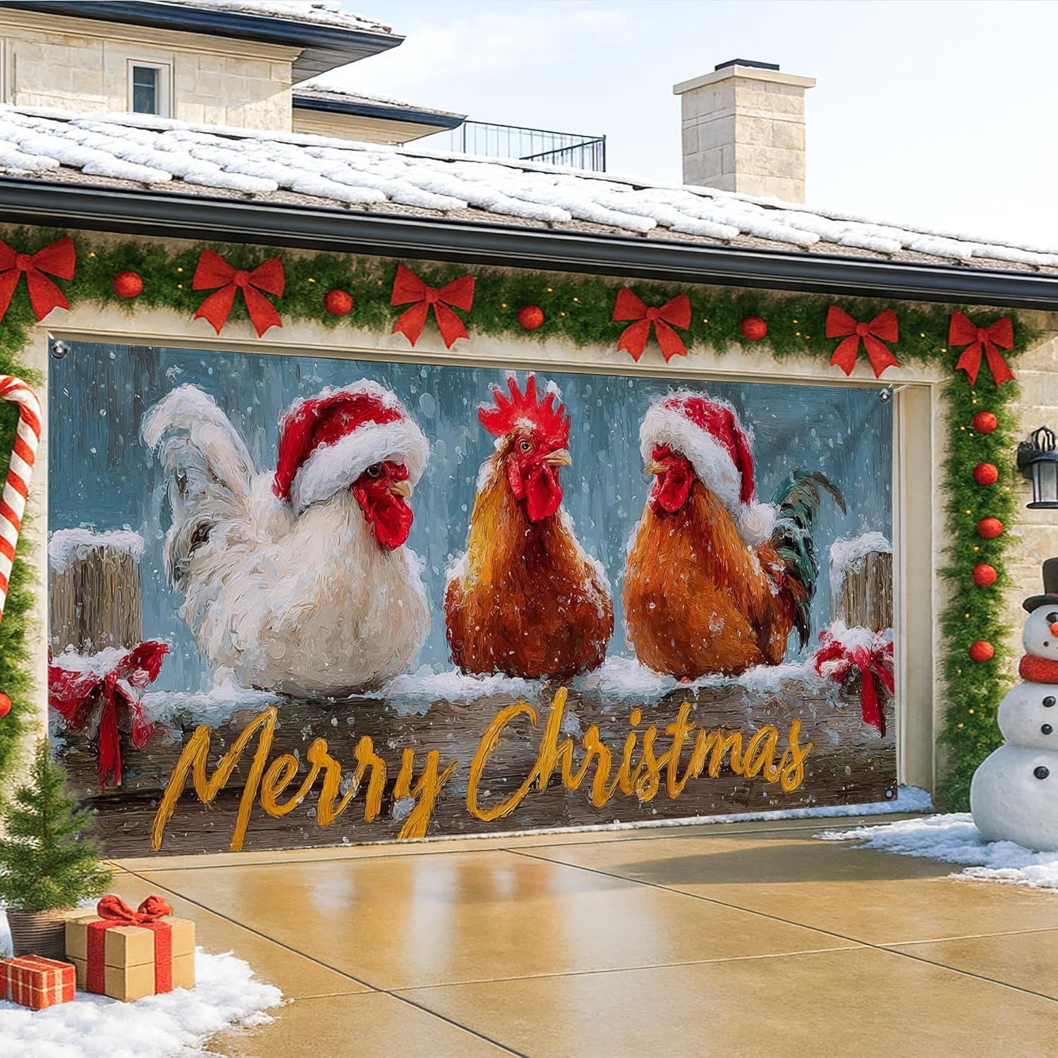 Christmas Chicken Garage Door Cover, Colorful Farm Animal Large Garage Door Decorations, Winter Indoor and Outdoor Holiday Party Decor 157x71 Inch