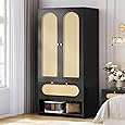 DWVO Rattan Wardrobe Closet - 70" Tall Rattan Closet with Doors, Large Armoire Storage Cabinet with Drawers & Hanging Rod/Bedroom Armoire - White