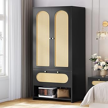 DWVO Rattan Wardrobe Closet - 70" Tall Rattan Closet with Doors, Large Armoire Storage Cabinet with Drawers & Hanging Rod/Bedroom Armoire - White