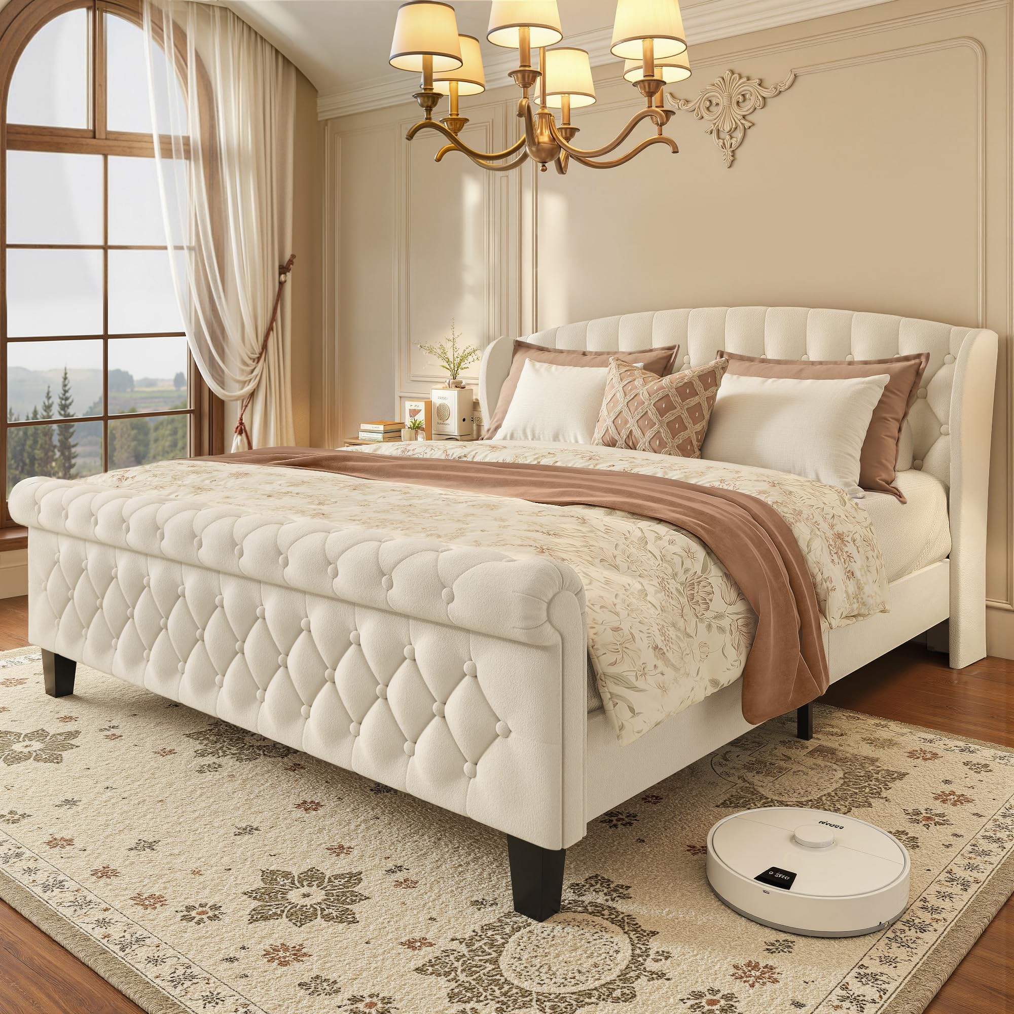 HISOFT Queen Platform Bed Frame, Velvet Upholstered Sleigh Bed with Wingback Tufted Headboard and Footboard, Quiet & Stable Support, No Box Spring