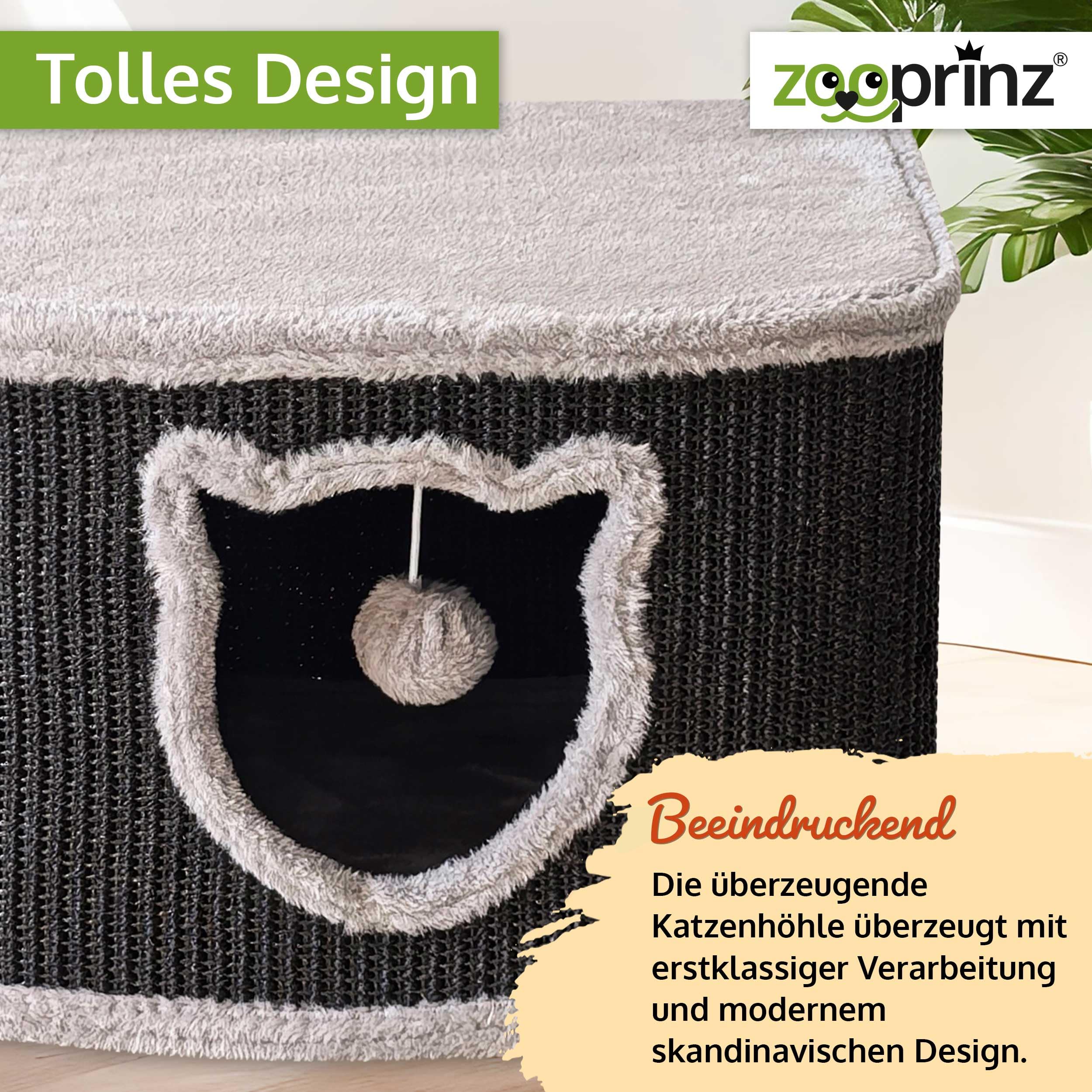 zooprinz Katzenhaus schwarz mit Sisal-Wänden und Plüsch | Katzenkorb und Katzenhöhle mit Spielball, Katzenbox und Katzenkiste im skandinavischen Look