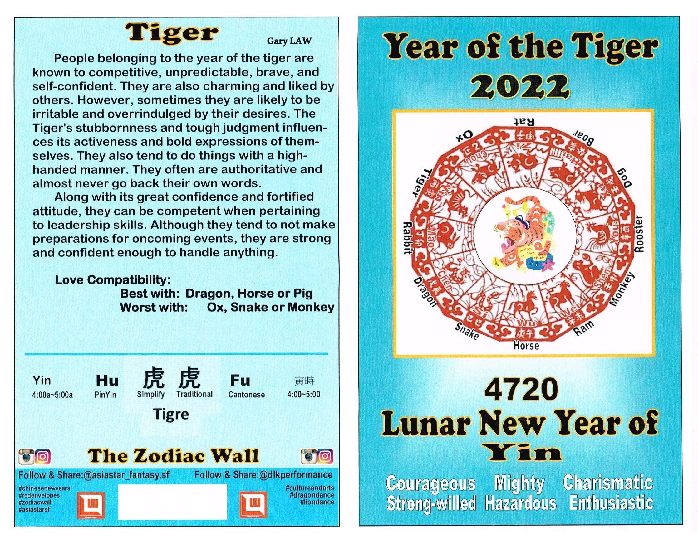 DLaw DesignsThe Chinese Zodiac Directory Chart For Year of the Tiger People Who born in 2022, 2010, 1998, 1986, 1974, 1962, 1940, 1926
