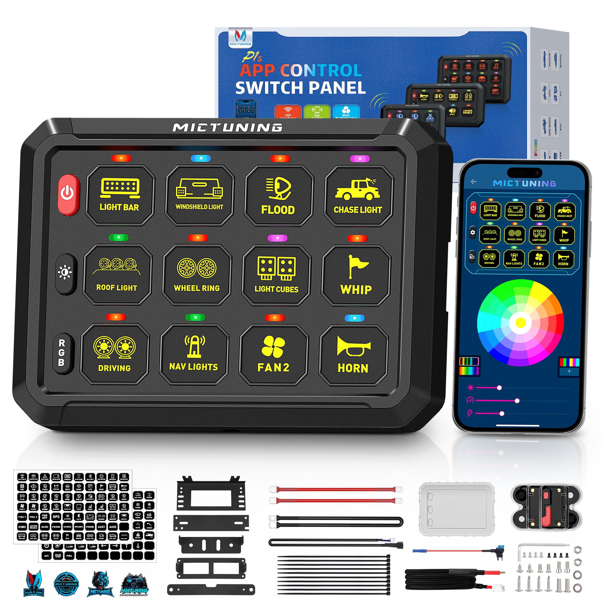 Photo 1 of MICTUNING RGB 12 Gang Switch Panel with APP Control, Adjustable Strobe Pulse Momentary, 6-Level Dimming, 12V Waterproof On/Off Panel for UTV, ATV, Truck, RV, Boat