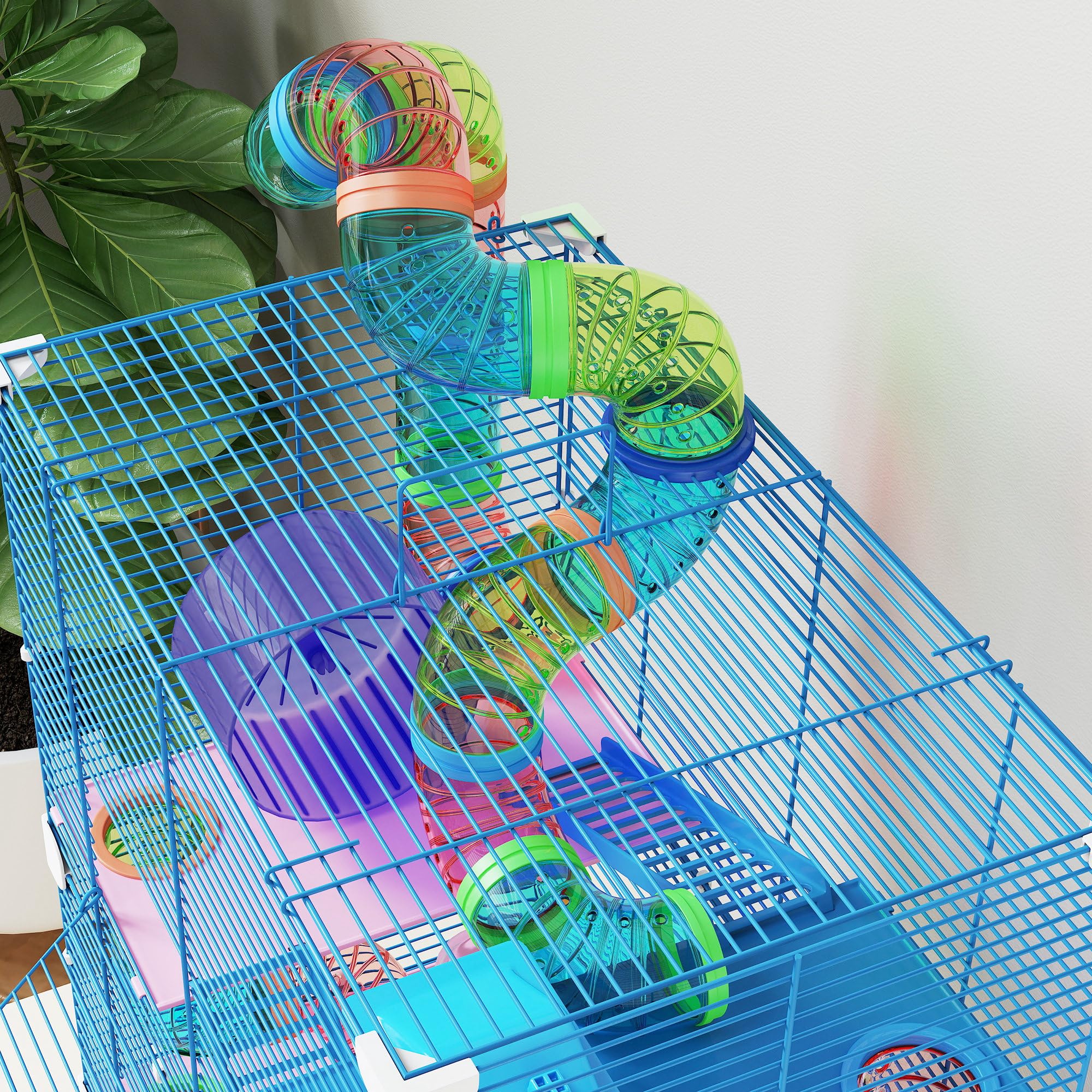 PawHut Gabbia per Criceti a 5 Livelli con Tubi, Ruota, Casetta, Scale e Bottiglia, Gabbietta per Roditori in Metallo e Plastica, 46x30x58 cm, Blu Scuro
