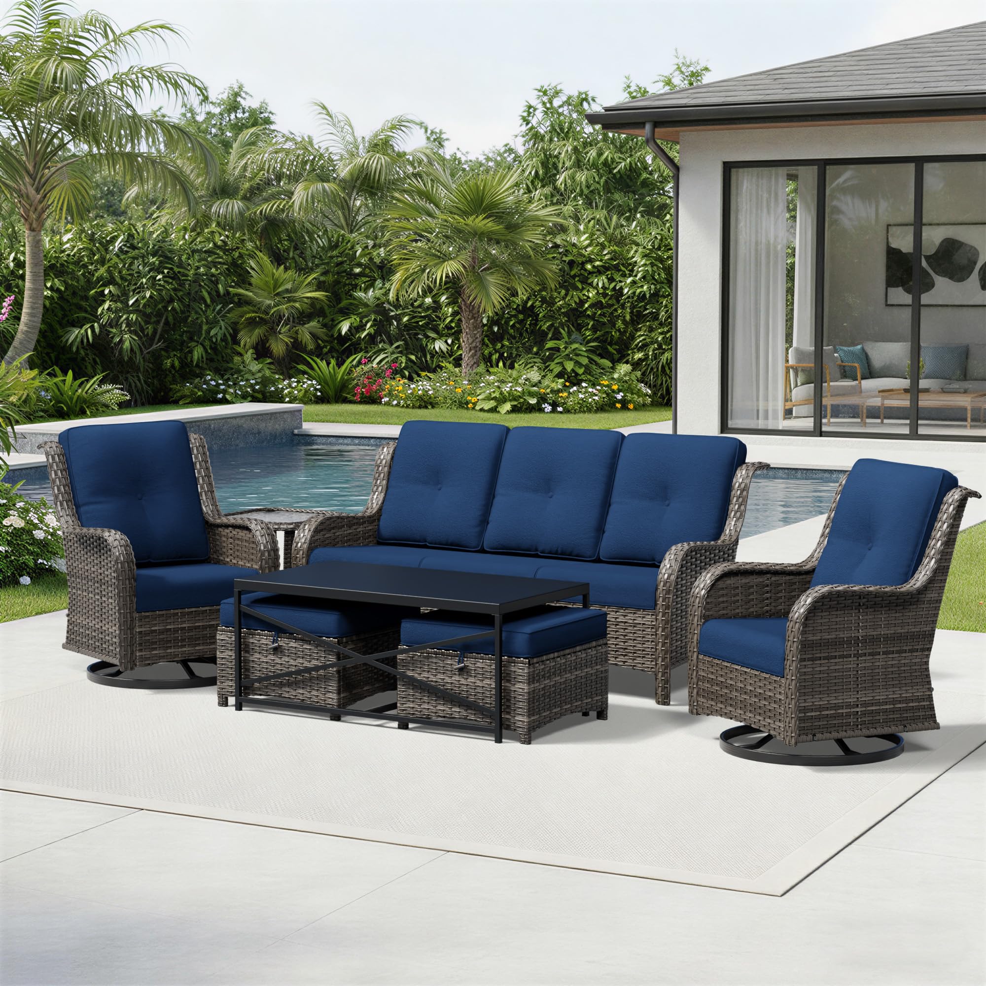 Joyside 7 Piece Wicker Patio Furniture Set, Outdoor Swivel Rocker Patio Chairs with High Back, Deep Seating, Wide Armrest, Thickened Cushions, Outdoor Furniture for Deck, Porch Use