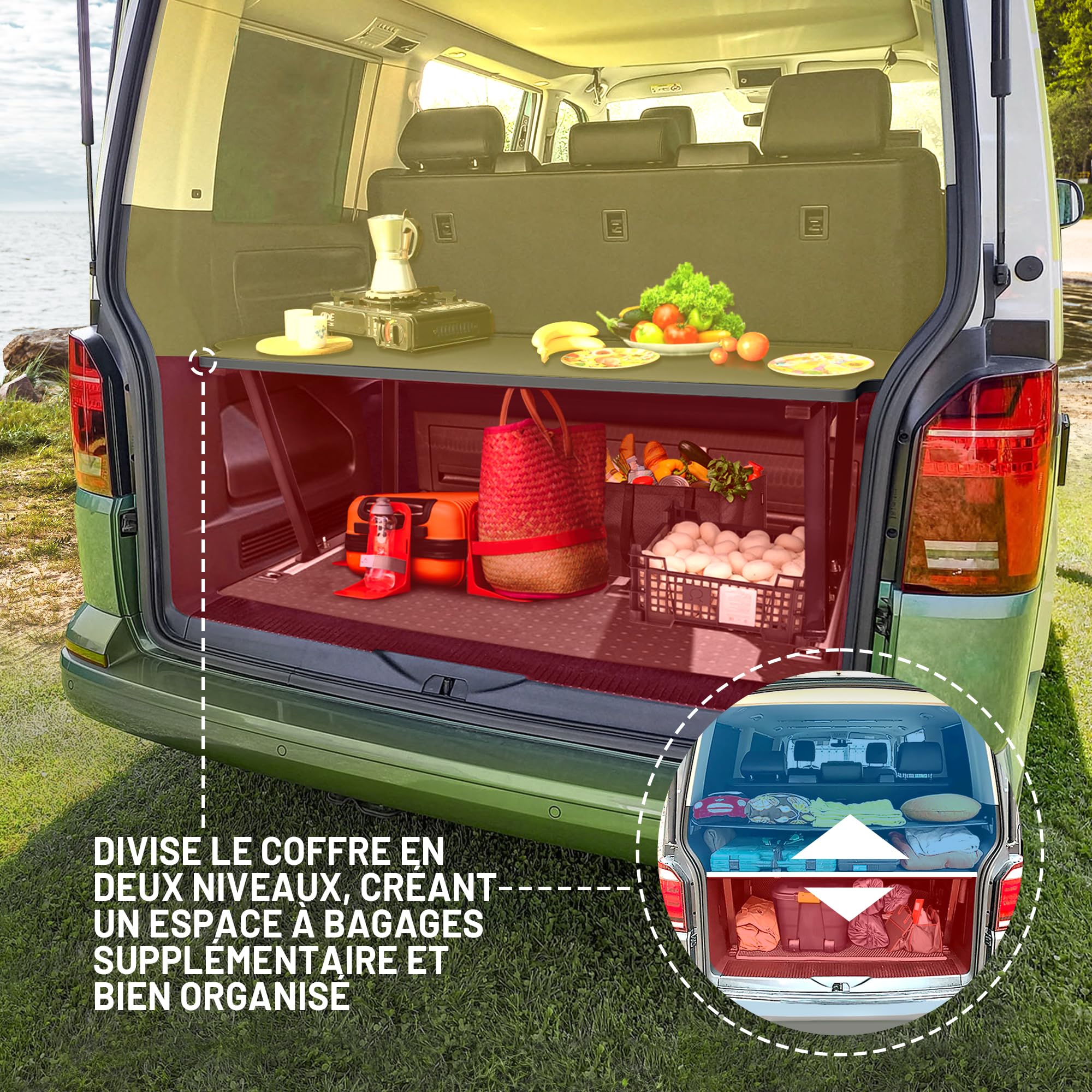 CHROMEMASTER | Compatible avec VW T5 2003-2015 Multivan | Lit Pliable pour Voiture, Extension de Lit Multiflexboard pour Camping-Car, Lit de Camping, Étagère, Table | Accessoires pour Le Camping-Car