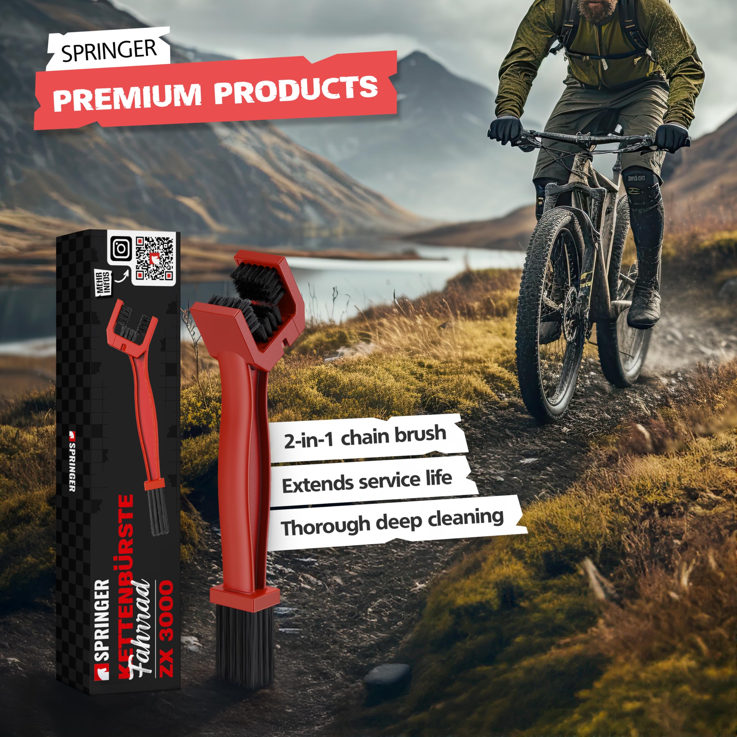 SPRINGER ZX3000 - Szczotka do łańcuchów - szczotka czyszcząca do zanieczyszczeń, oleju, tłuszczu itp. - Szczotka do łańcucha rowerowego i motocyklowego - Chroni przed zużyciem łańcucha - Szczotka z
