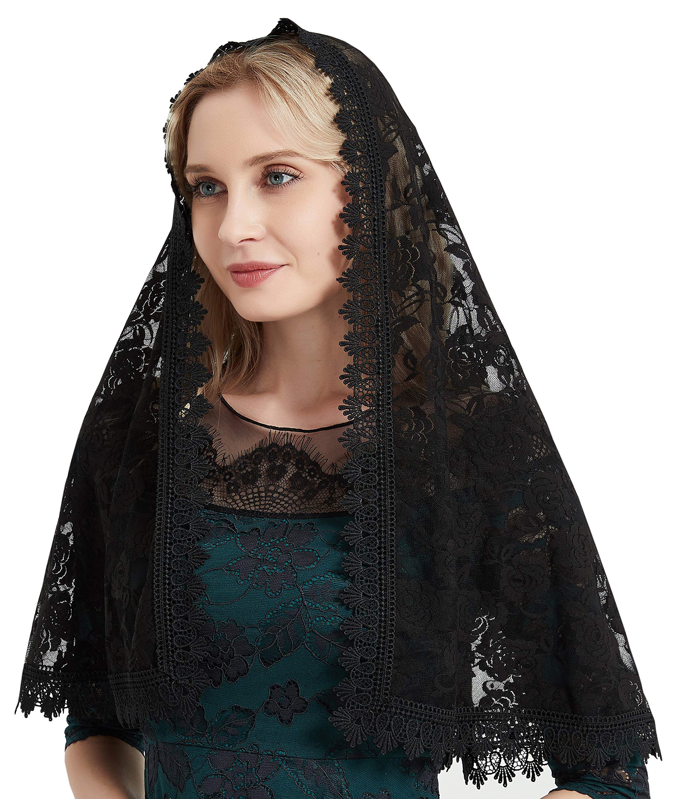YHDDYG Lace Mantilla Catholic Chapel Veil - Rose Lace Latin Mass Headcovering S97, Black Veil, One Size
