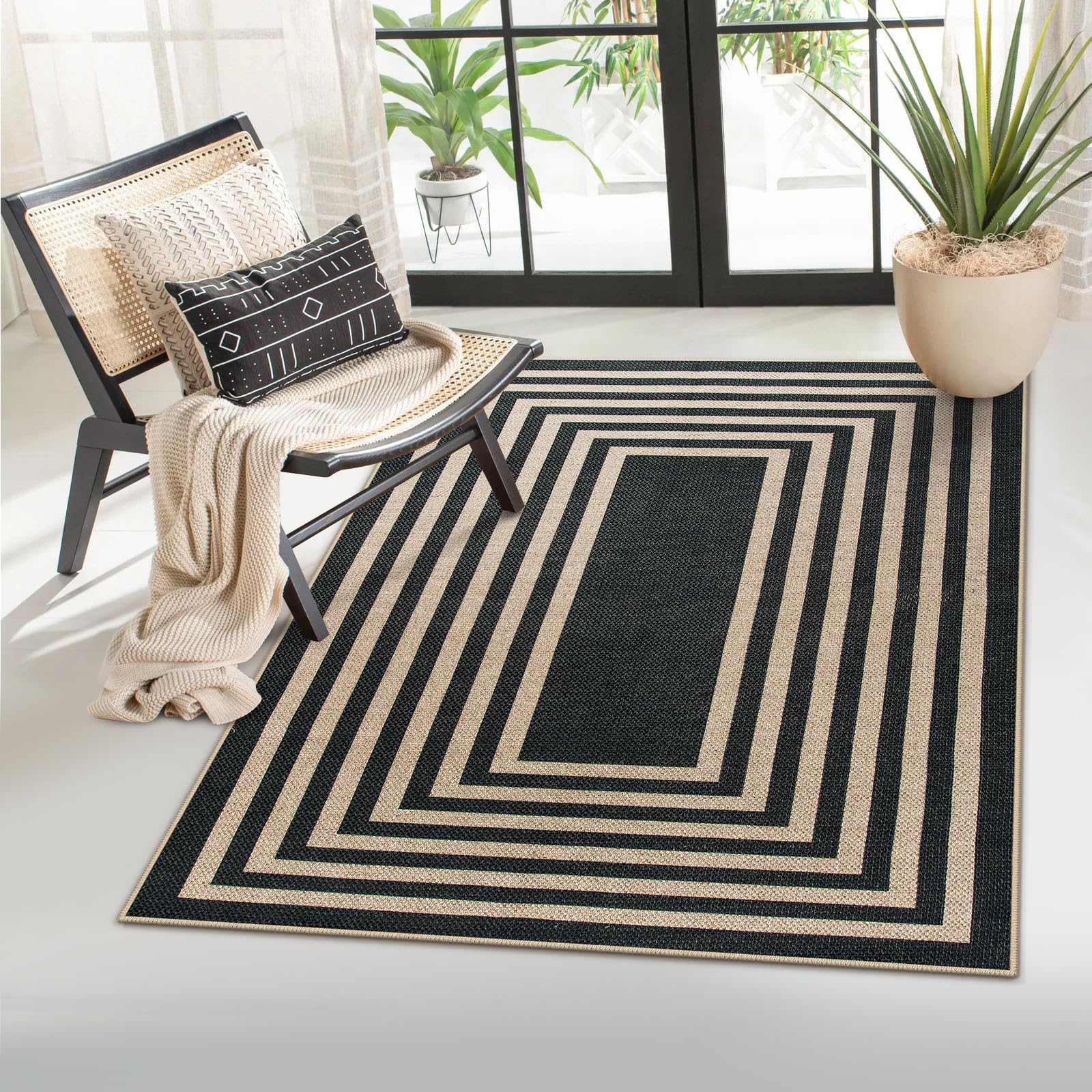 Lahome Modern Geometric Outdoor Easy Jute Rug, 3x5 Indoor Outdoor Rugs for Living Room Rug Black Entryway Rug, Farmhouse Washable Area Rug Non Slip Carpet for Patio Courtyard Bedroom